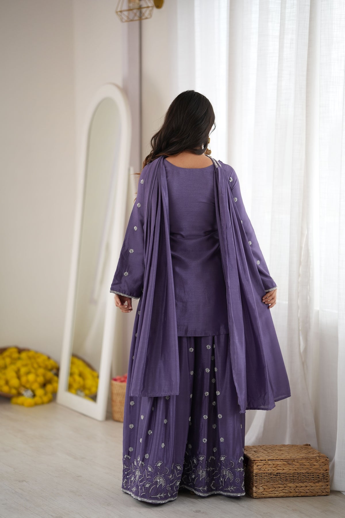 Purple Chinon Silk Cut Dana Beads Work Palazzo Suit Set with Dupatta