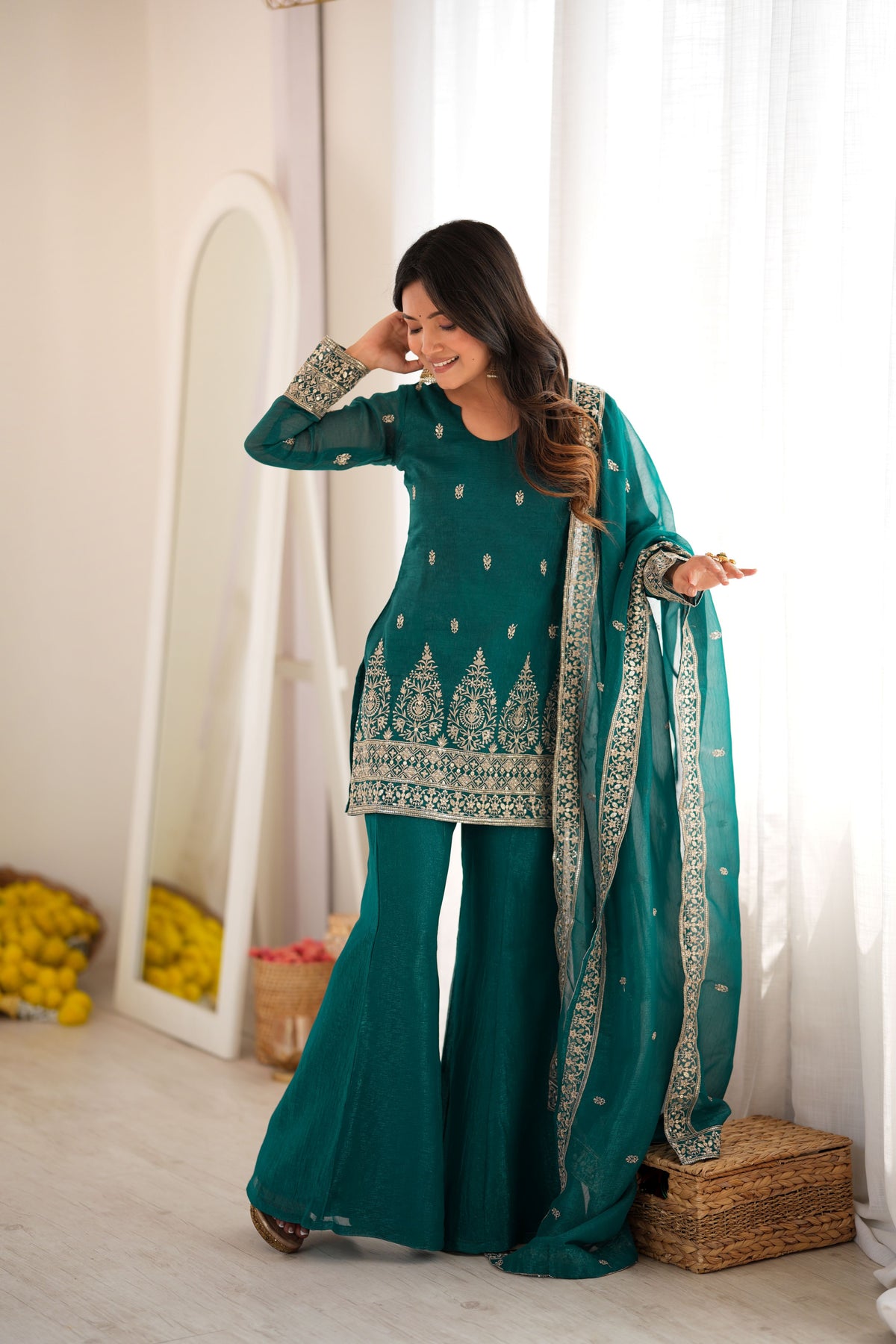 Peacock Teal Green Crunchy Silk Embroidered Kurta Bell Bottom Pant Set with Dupatta