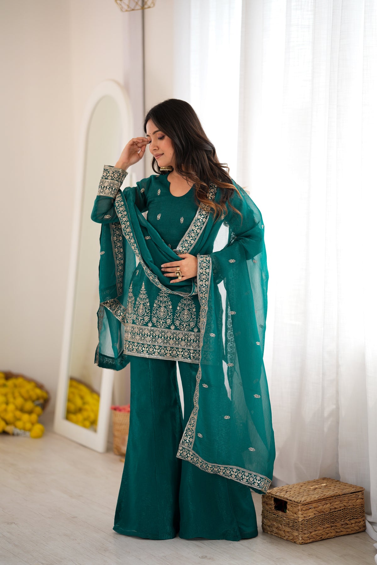Peacock Teal Green Crunchy Silk Embroidered Kurta Bell Bottom Pant Set with Dupatta