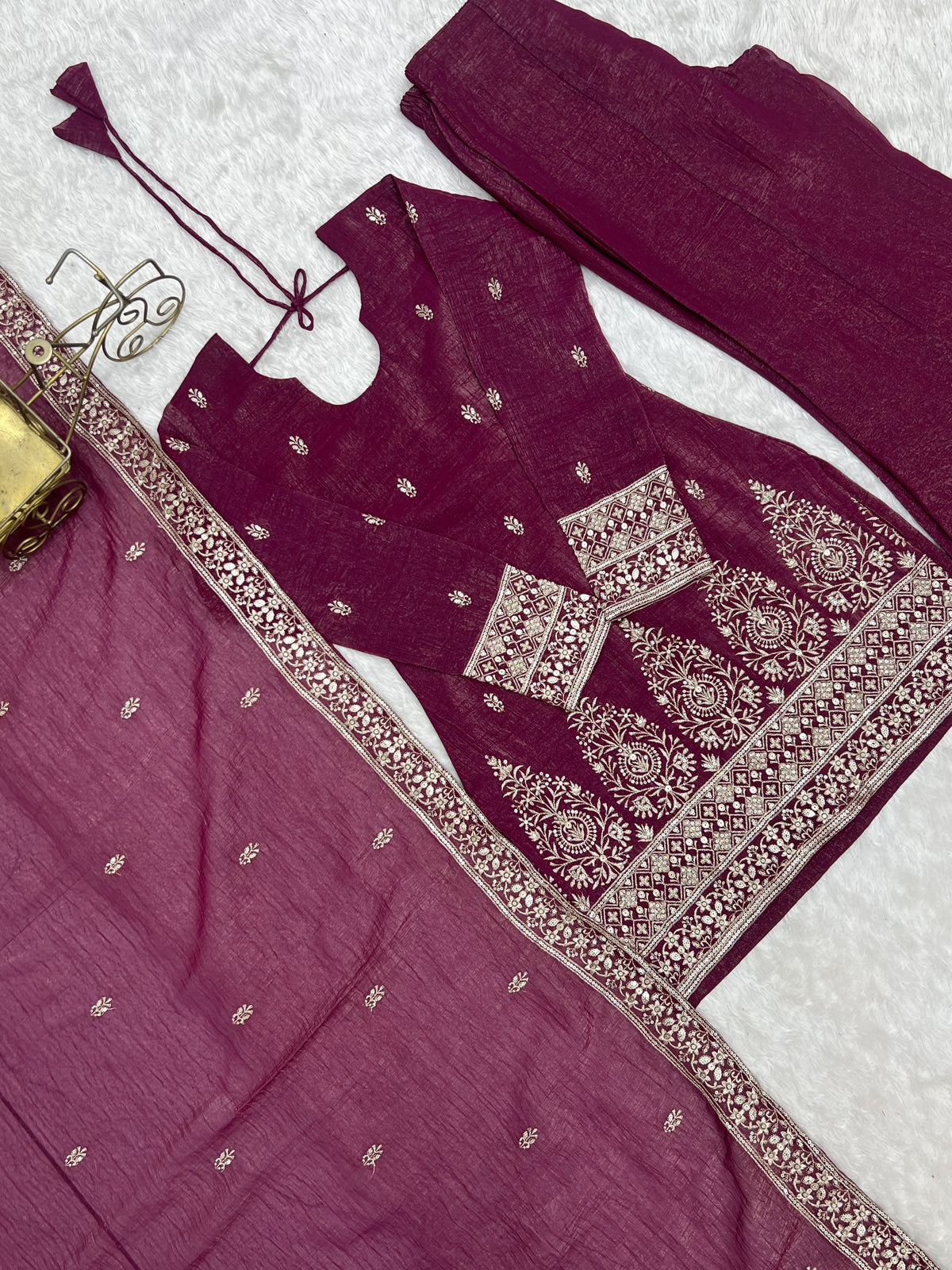 Wine Purple Crunchy Silk Embroidered Kurta Bell Bottom Pant Set with Dupatta