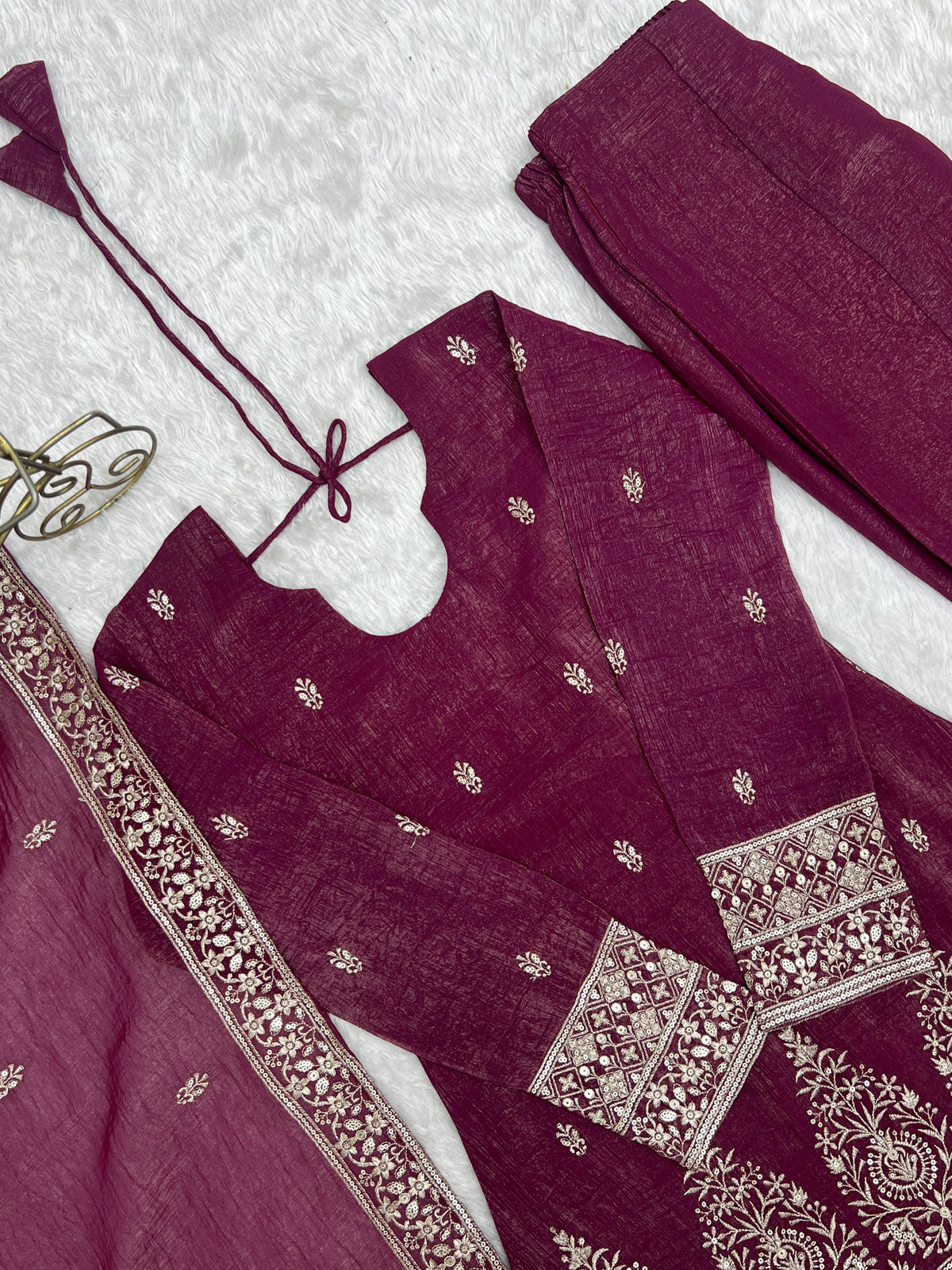 Wine Purple Crunchy Silk Embroidered Kurta Bell Bottom Pant Set with Dupatta