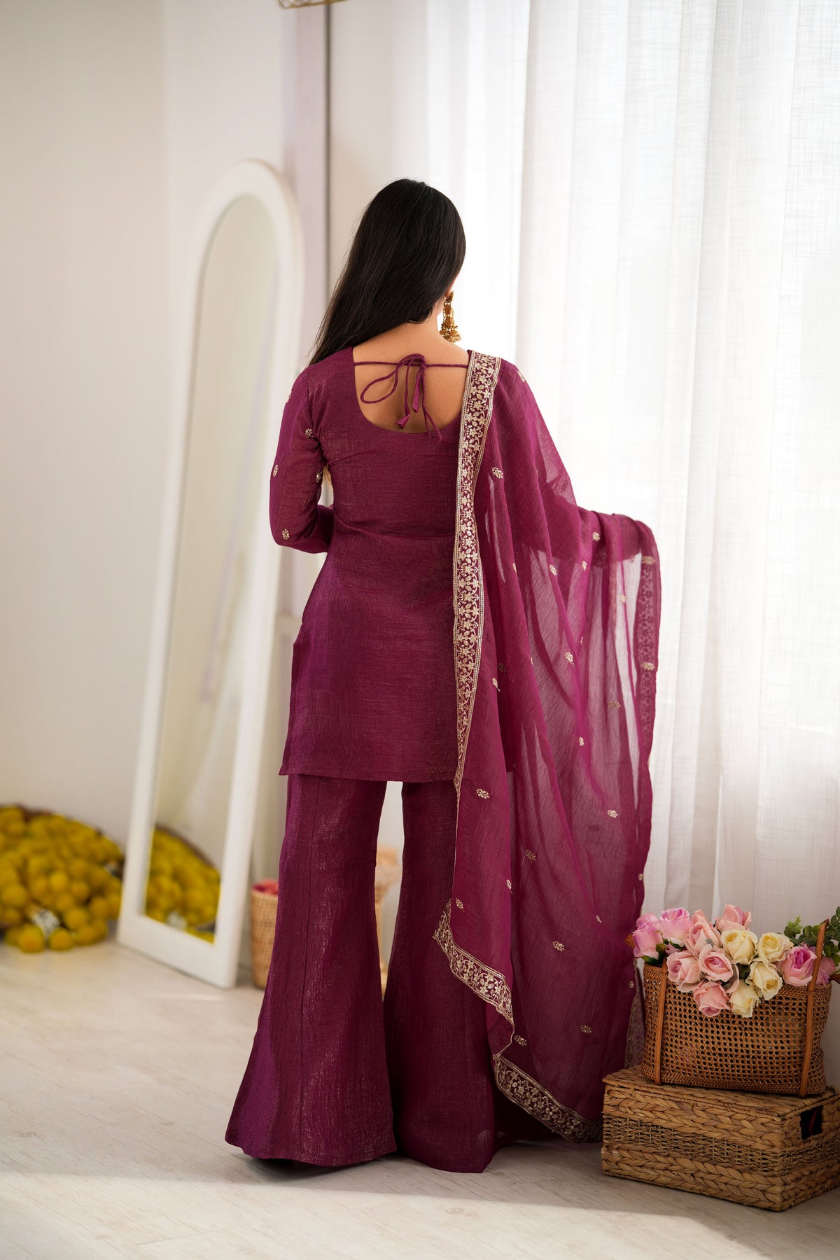 Wine Purple Crunchy Silk Embroidered Kurta Bell Bottom Pant Set with Dupatta