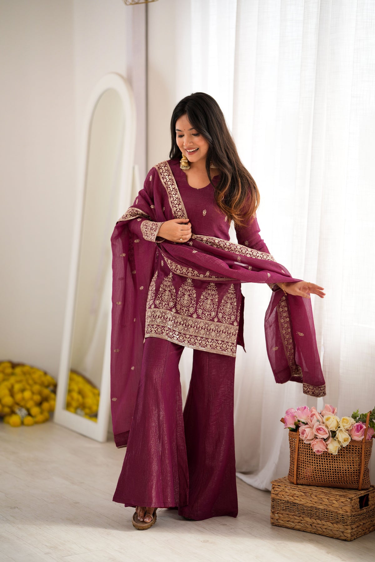 Wine Purple Crunchy Silk Embroidered Kurta Bell Bottom Pant Set with Dupatta