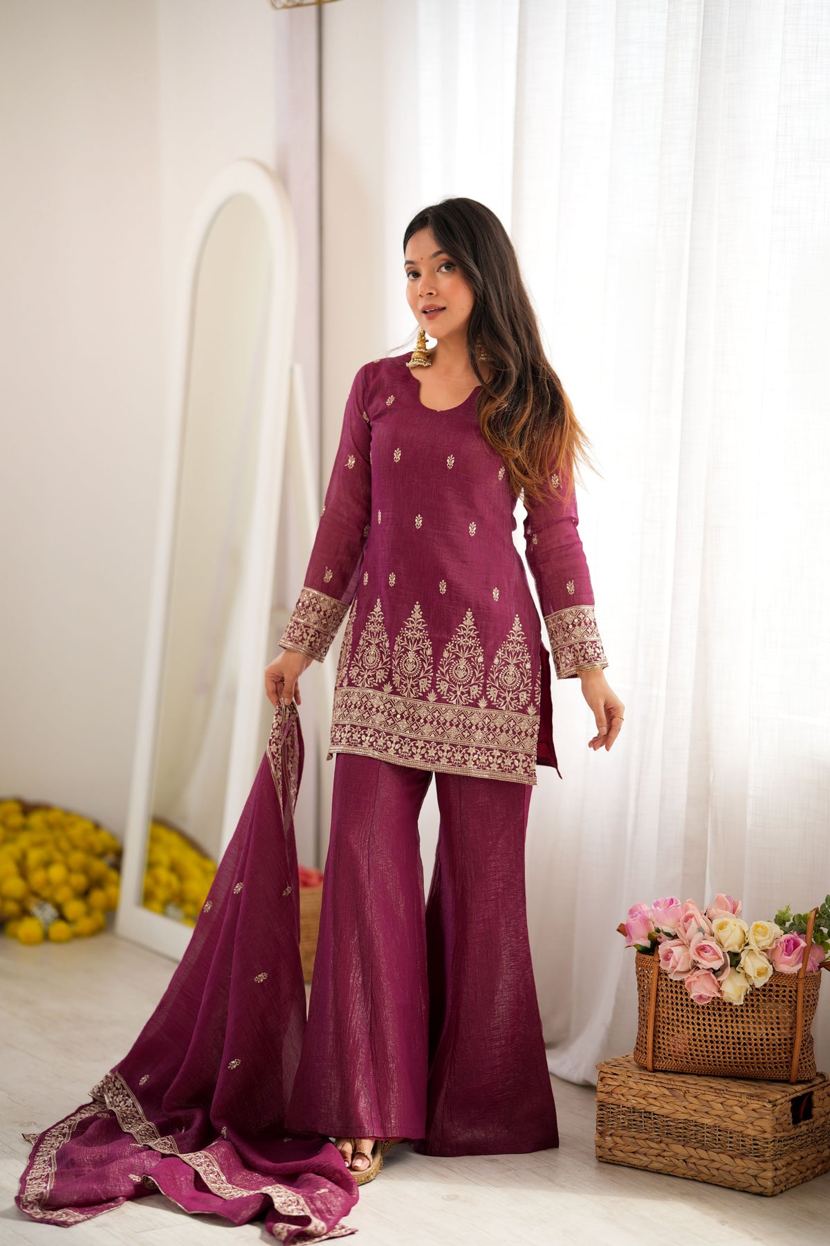 Wine Purple Crunchy Silk Embroidered Kurta Bell Bottom Pant Set with Dupatta