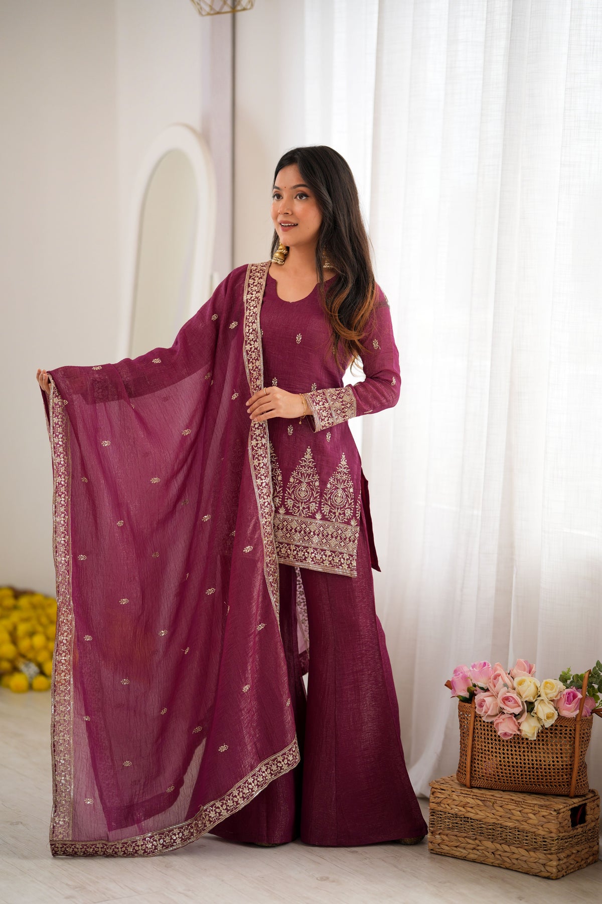 Wine Purple Crunchy Silk Embroidered Kurta Bell Bottom Pant Set with Dupatta