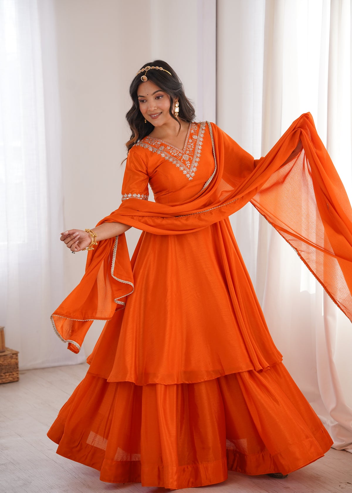 Orange Chinon Silk Embroidered Plazo Suit Set with Lace Dupatta