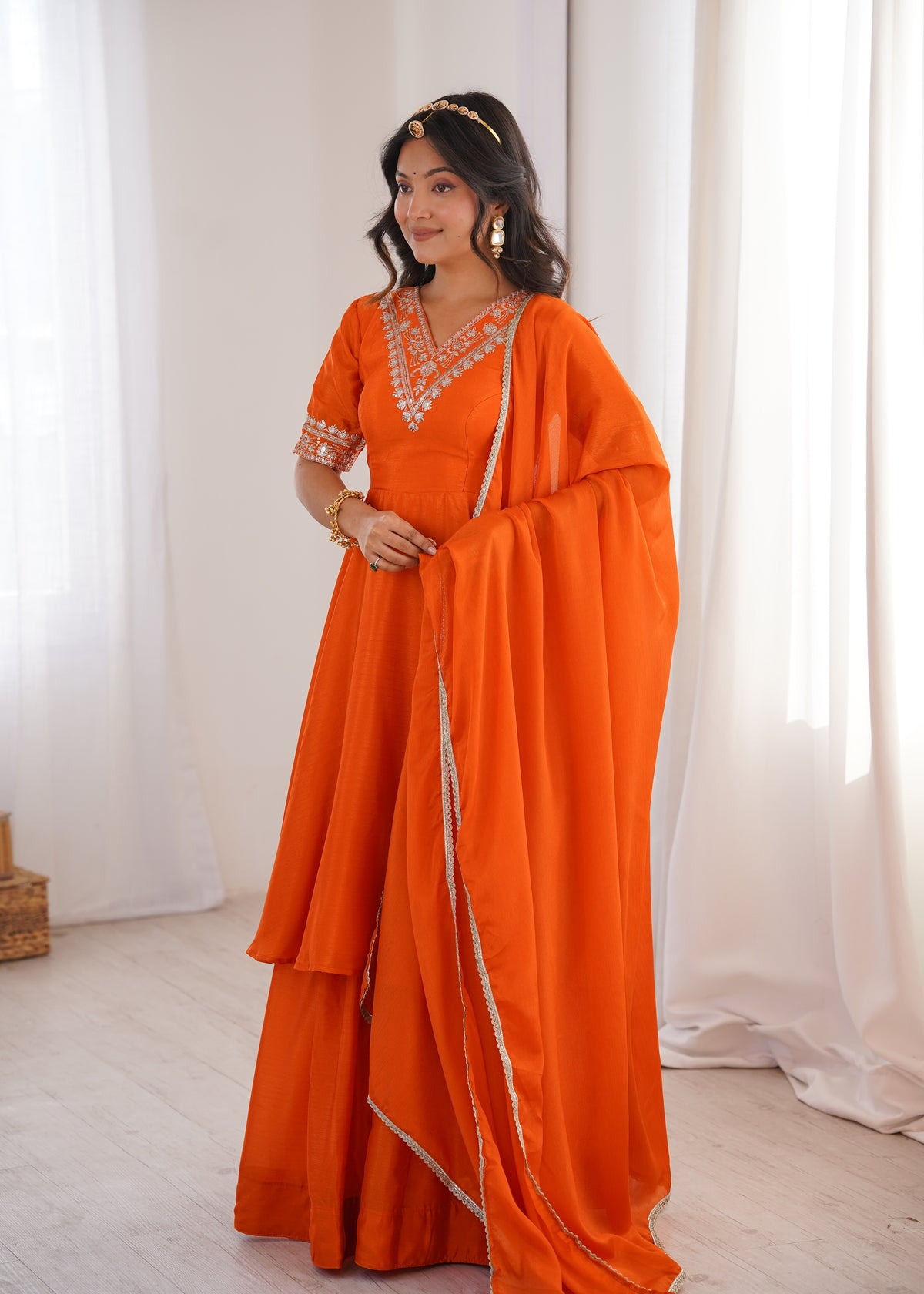 Orange Chinon Silk Embroidered Plazo Suit Set with Lace Dupatta