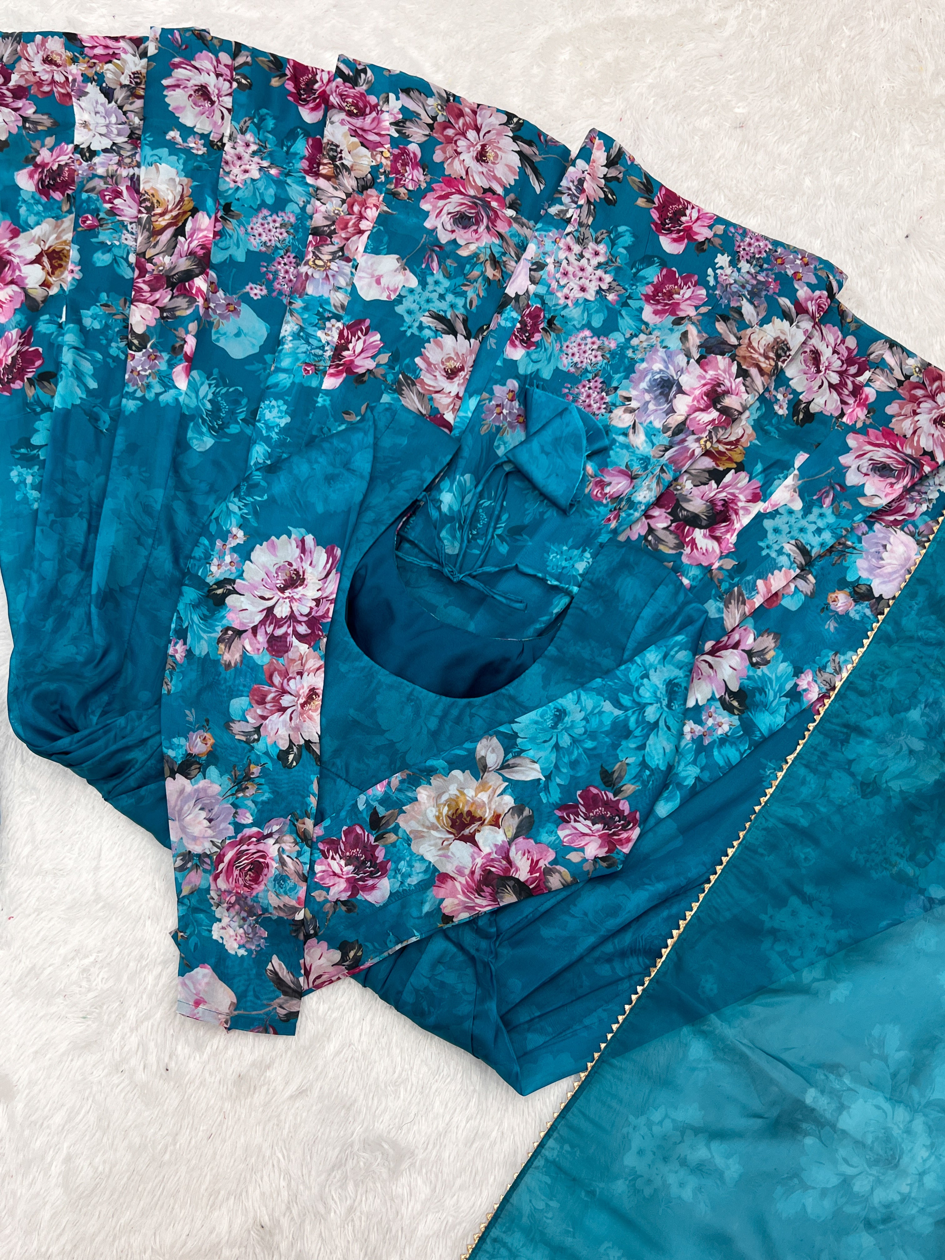 Rama Blue Organza Silk Floral Printed Anarkali Suit Set with Gota Patti Dupatta