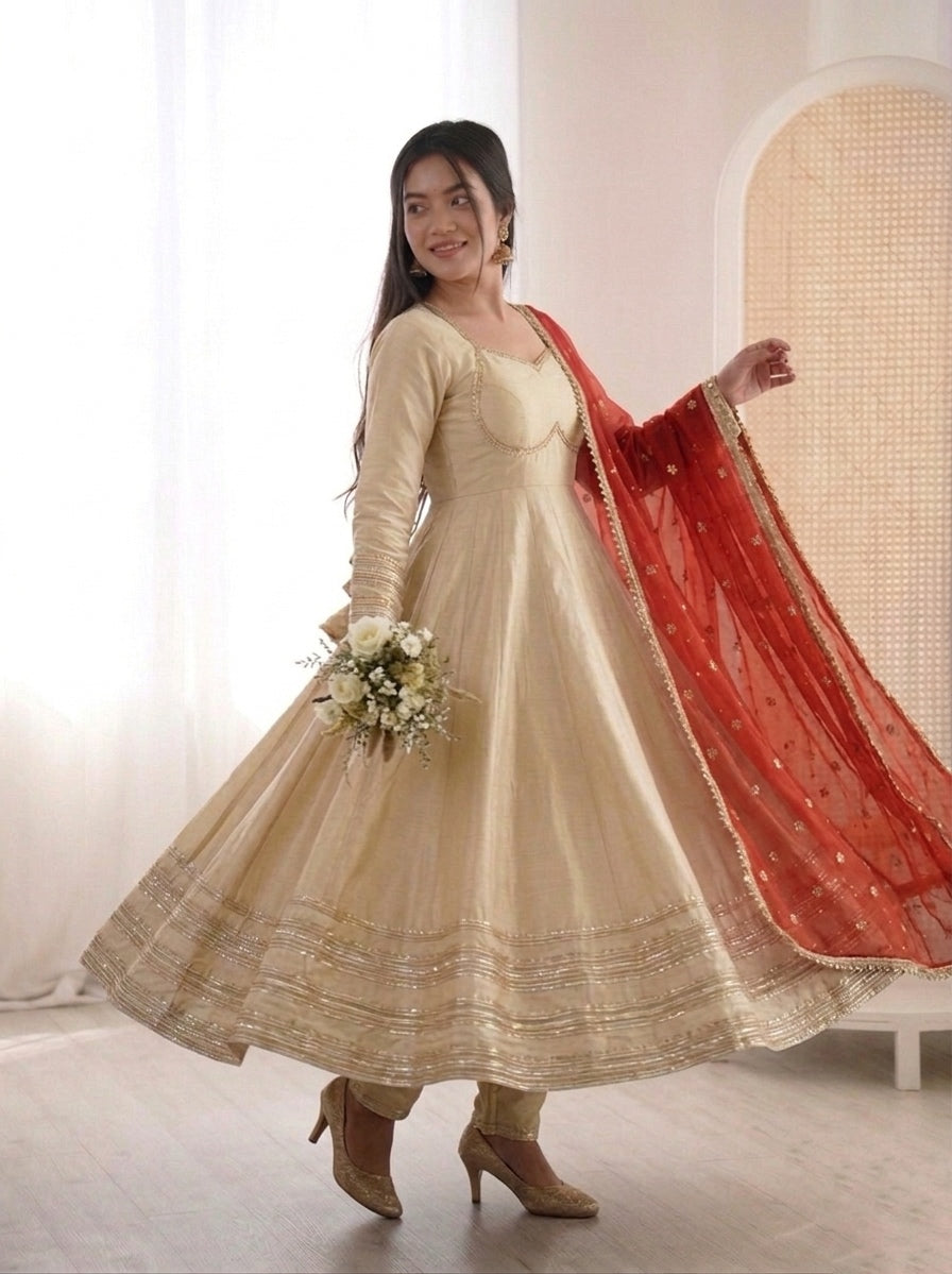 Champagne Gold Cosmos Gold Anarkali Suit Set with Heavy Lace Work & Rust Georgette Dupatta | Ready to Wear