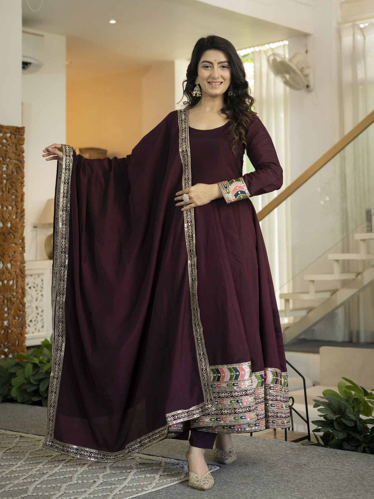 Wine Maroon Heavy Roman Silk Embroidered Anarkali Suit Set with Dupatta
