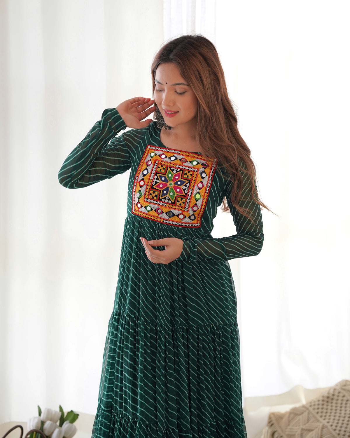 Dark Green Laheriya Print 7 Meter Flair Anarkali Gown
