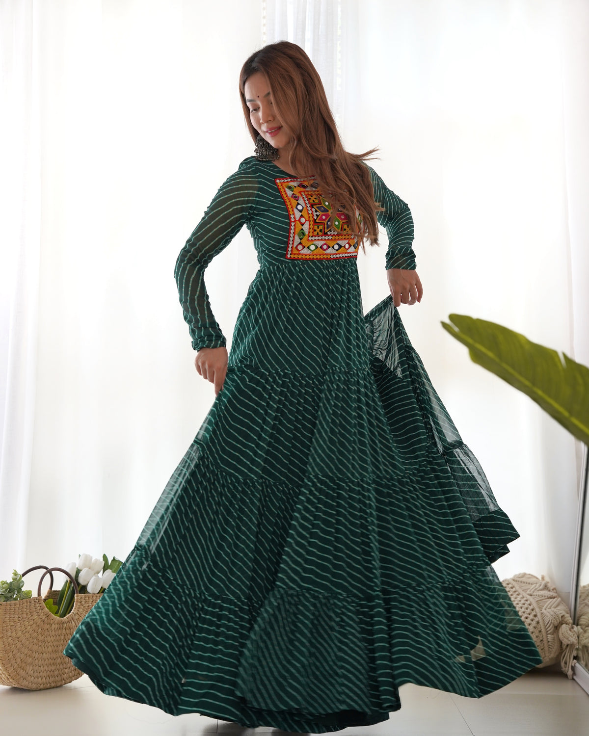 Dark Green Laheriya Print 7 Meter Flair Anarkali Gown