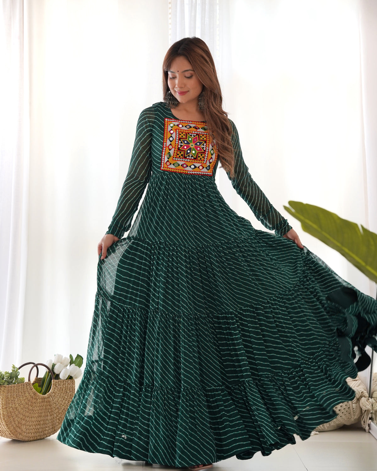 Dark Green Laheriya Print 7 Meter Flair Anarkali Gown
