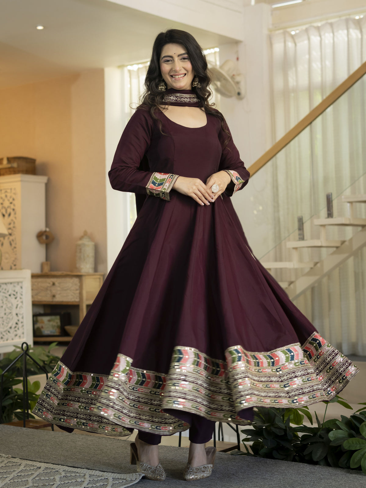 Wine Maroon Heavy Roman Silk Embroidered Anarkali Suit Set with Dupatta