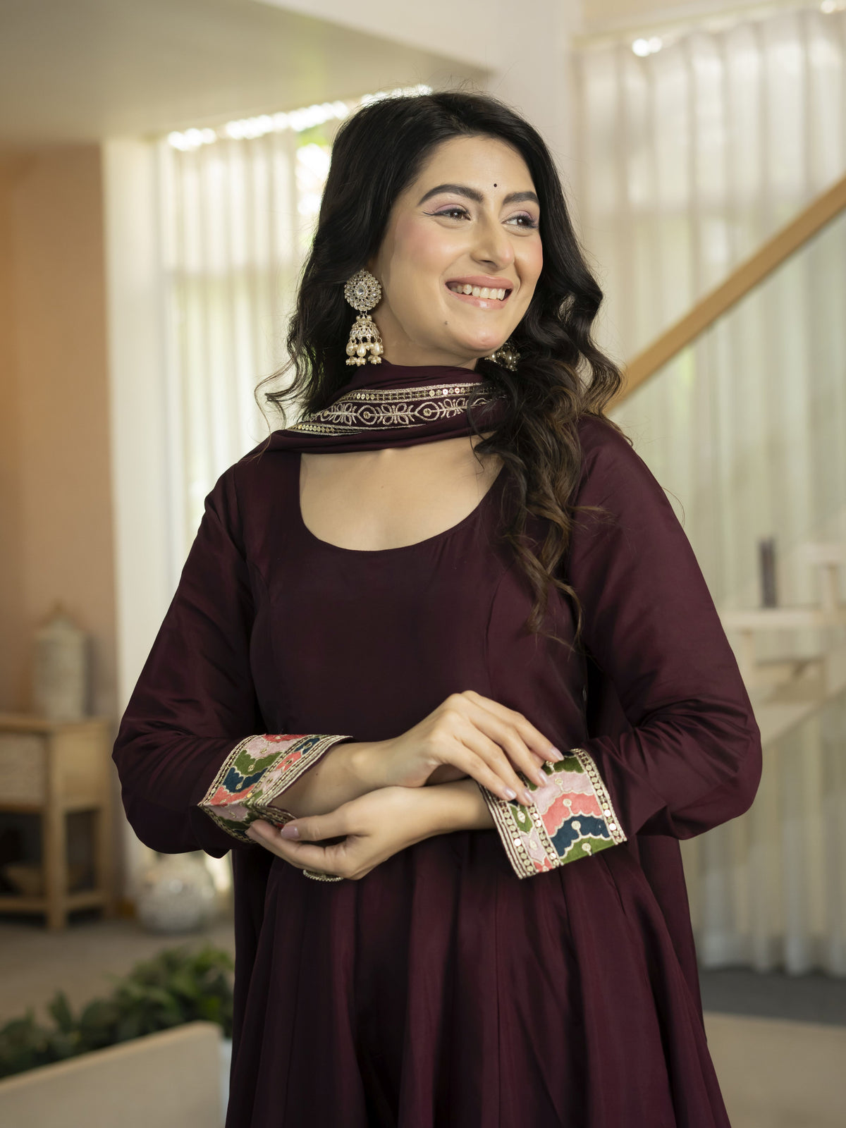 Wine Maroon Heavy Roman Silk Embroidered Anarkali Suit Set with Dupatta