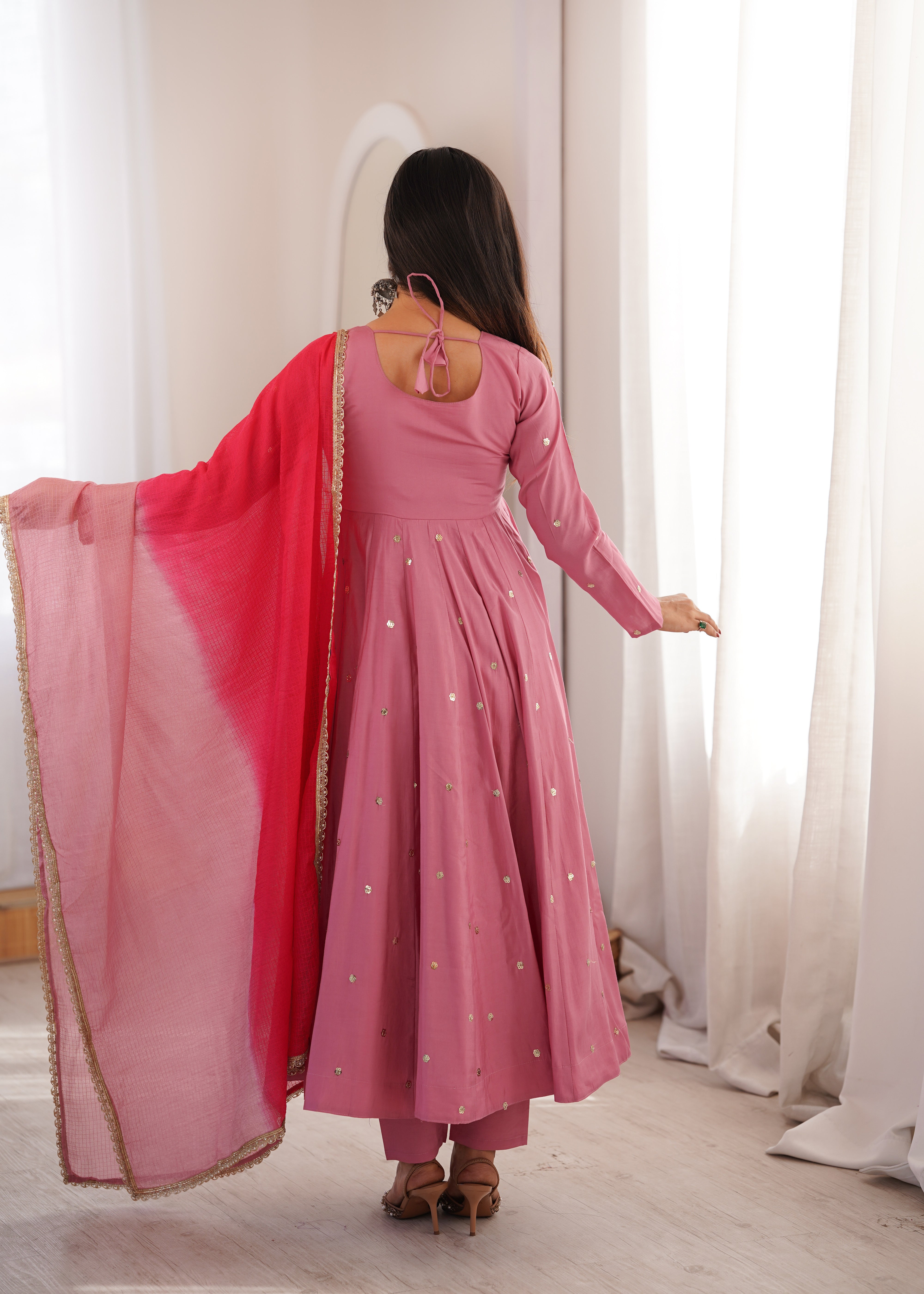 Dusty Mauve Roman Silk Anarkali Suit Set with Real Mirror Work & Pink Kota Dupatta | Ready to Wear
