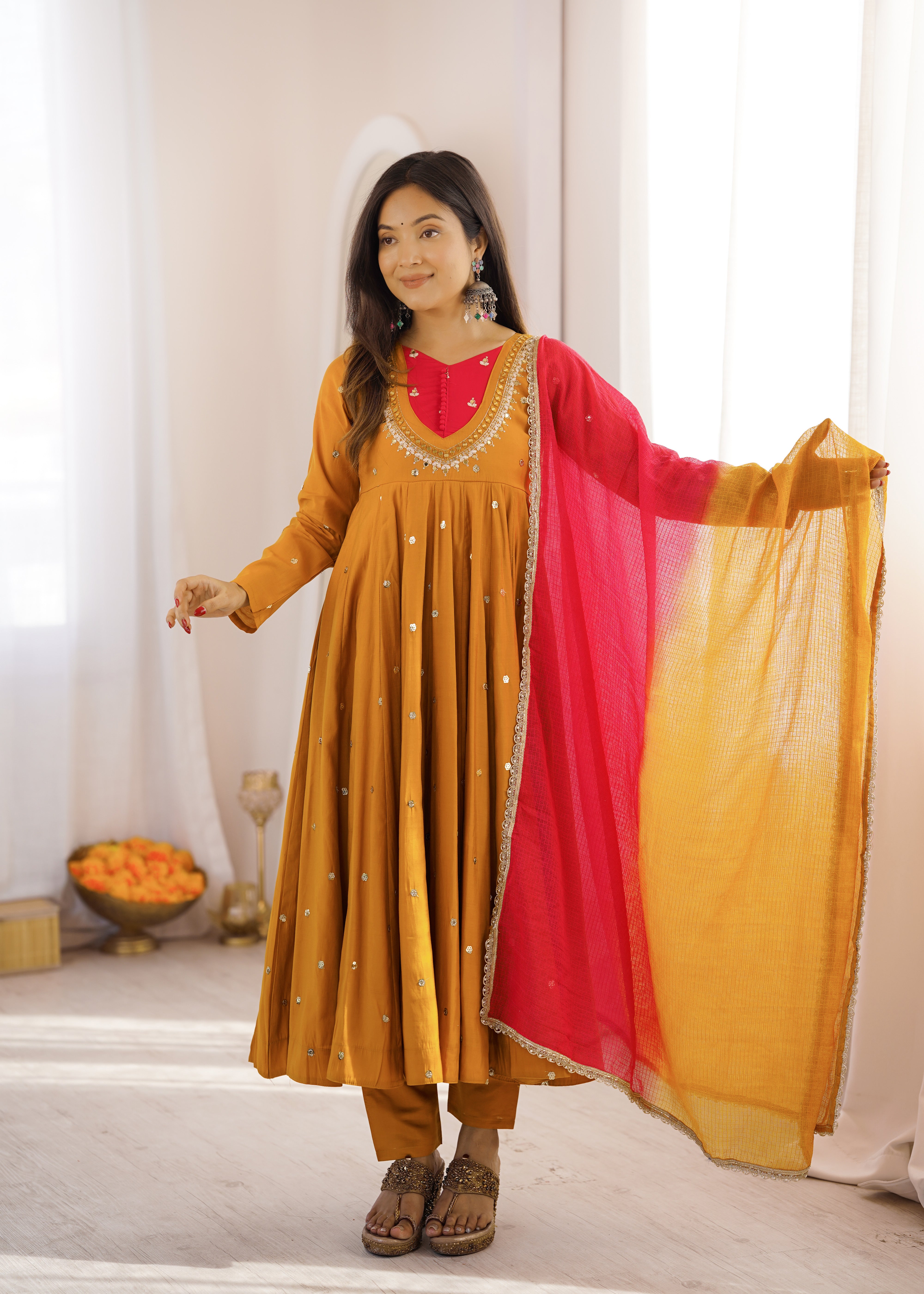 Mustard Yellow Roman Silk Anarkali Suit Set with Real Mirror Work & Pink Kota Dupatta | Ready to Wear