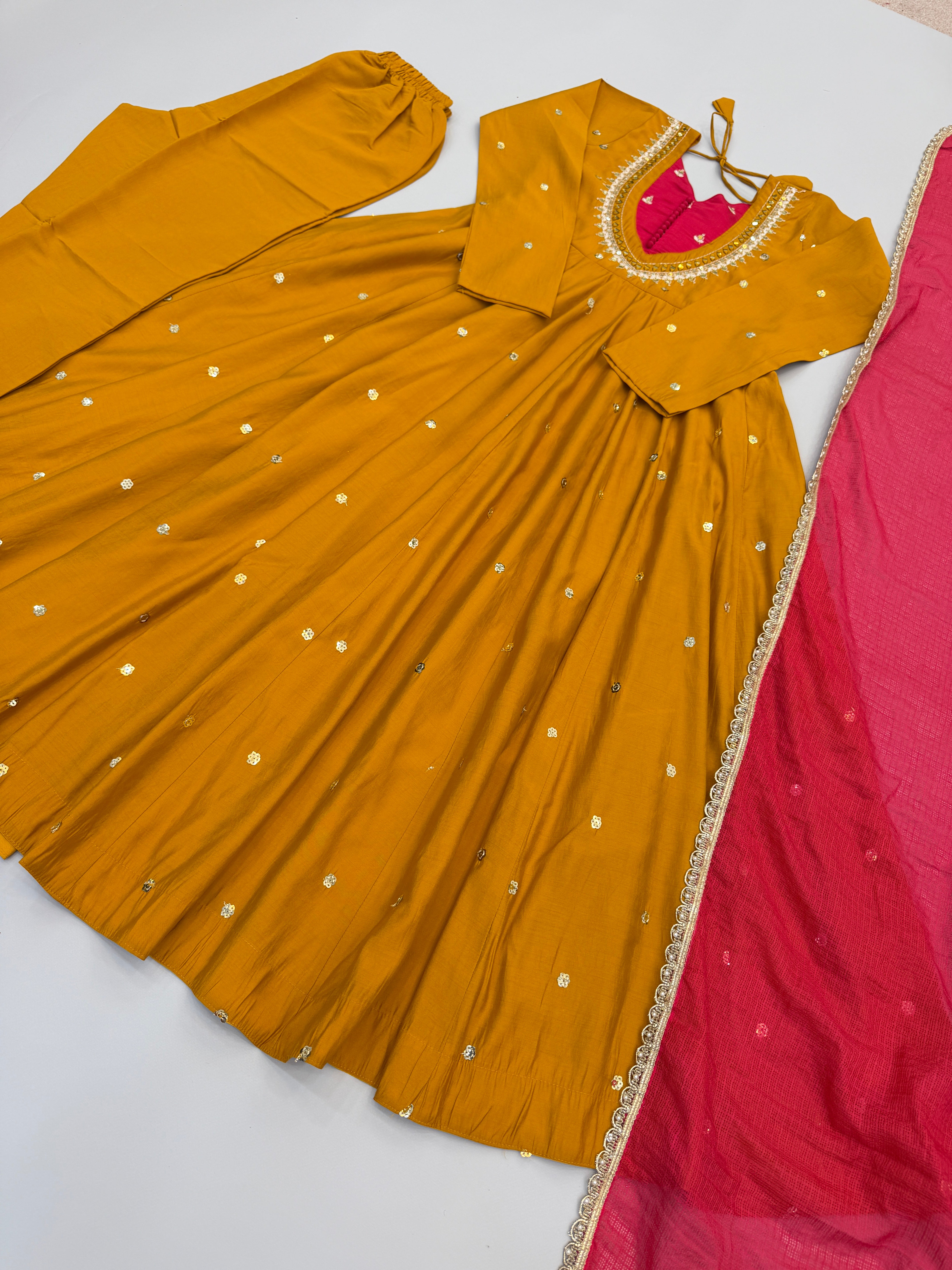 Mustard Yellow Roman Silk Anarkali Suit Set with Real Mirror Work & Pink Kota Dupatta | Ready to Wear