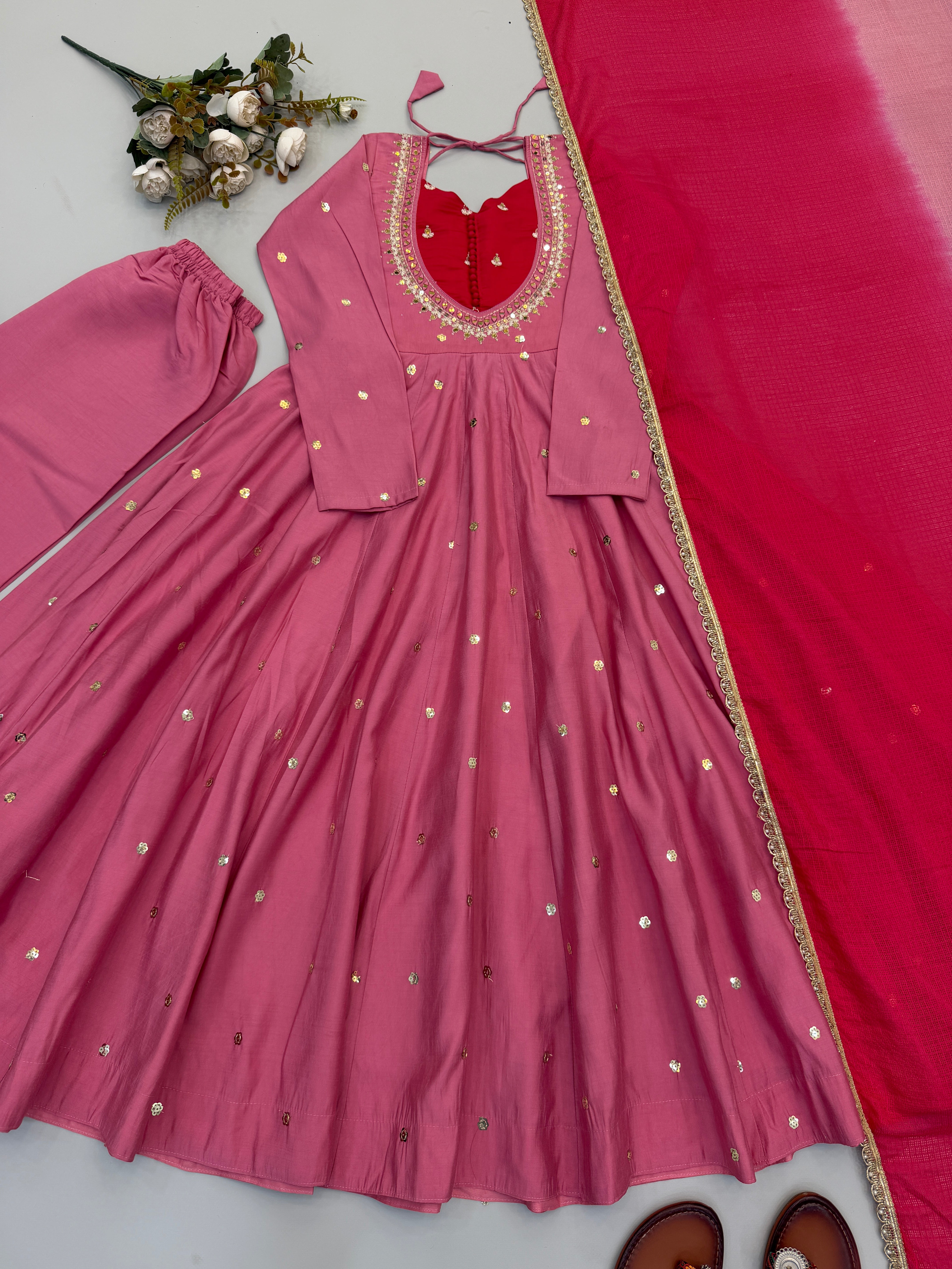 Dusty Mauve Roman Silk Anarkali Suit Set with Real Mirror Work & Pink Kota Dupatta | Ready to Wear