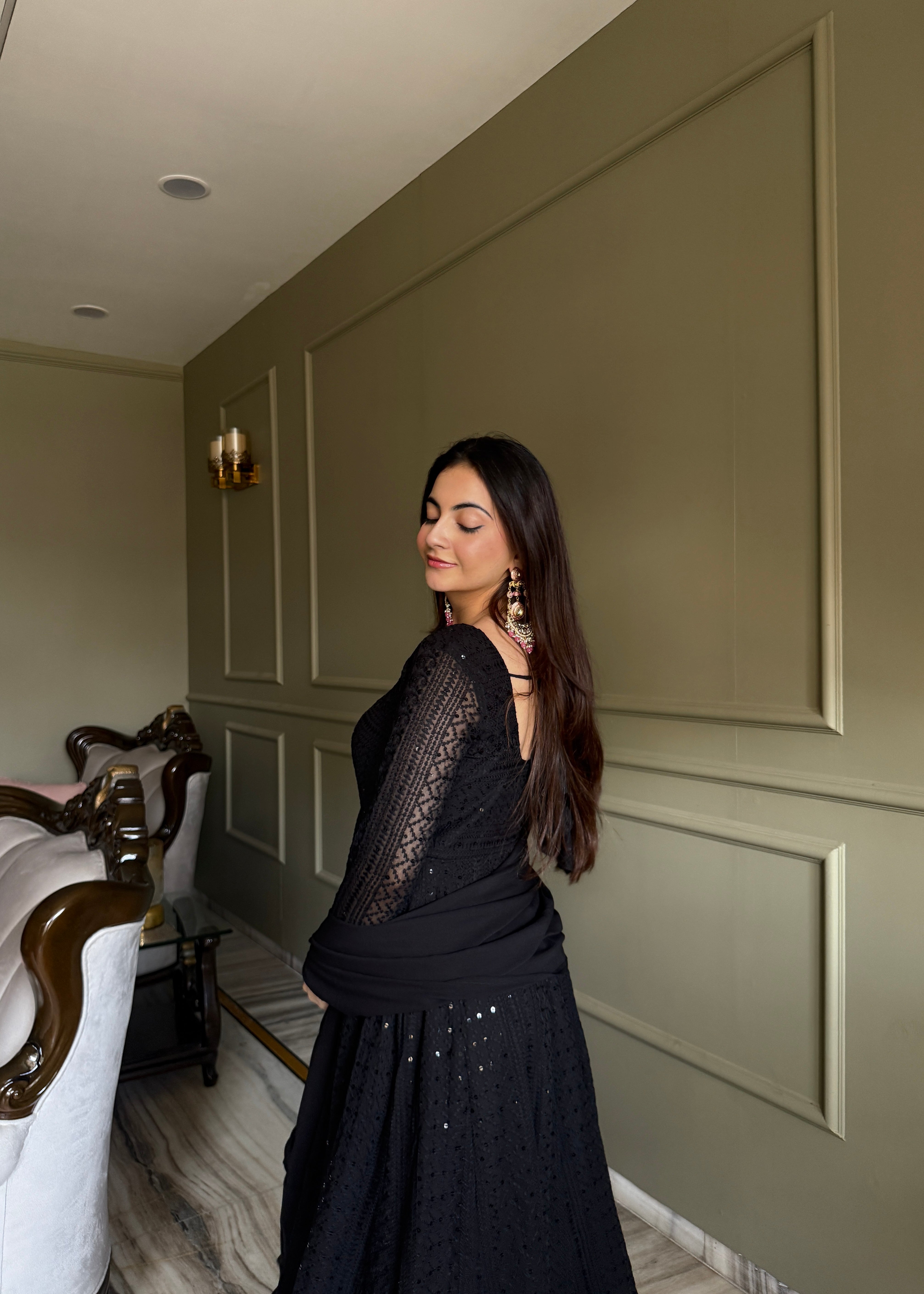 Black Lucknowi Sequins Georgette Anarkali Suit | Nardev Fashion