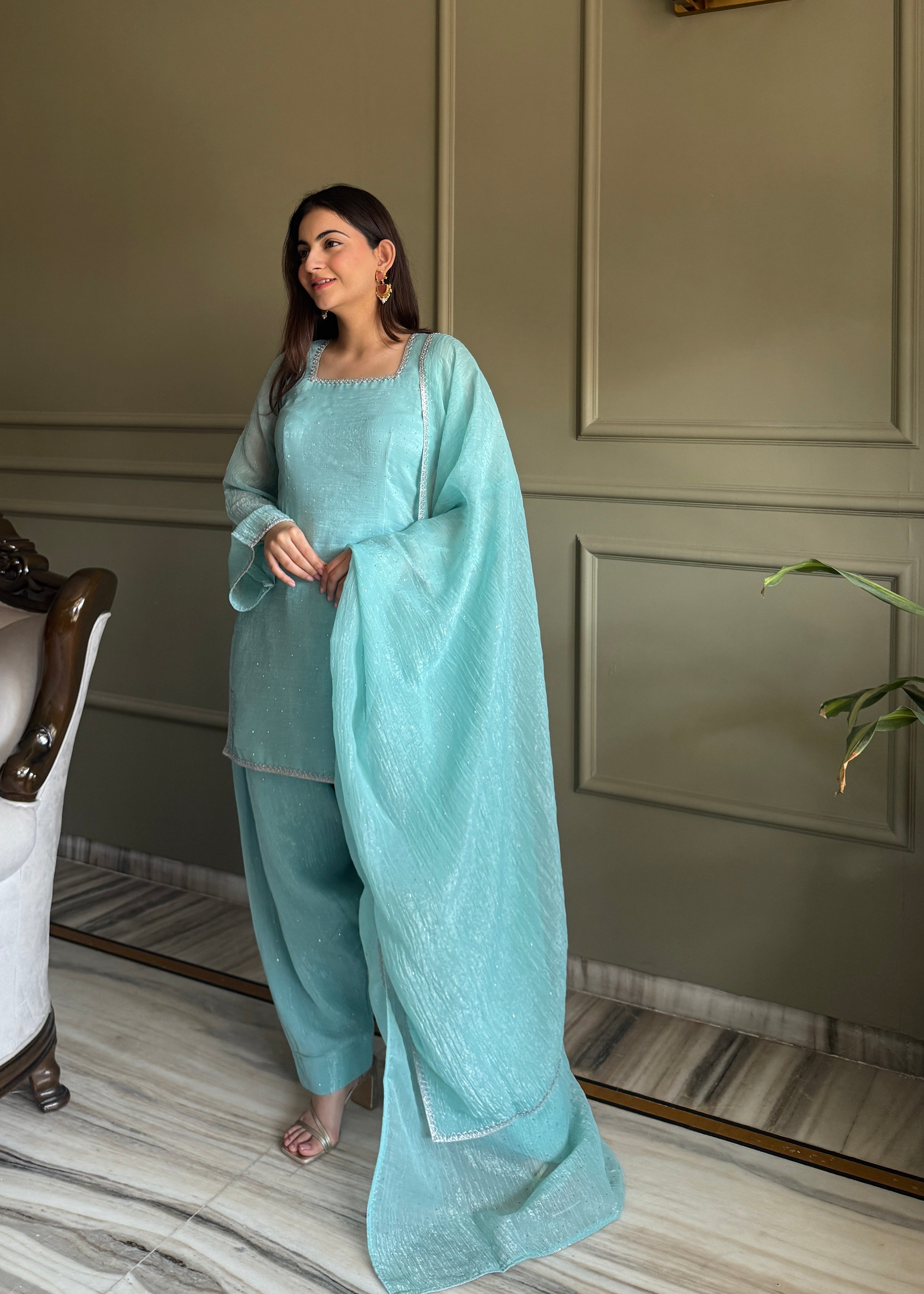 Sky Farshi Salwar Suit in Crunchy Silk with Sirovski Work| Nardev Fashion -Brand