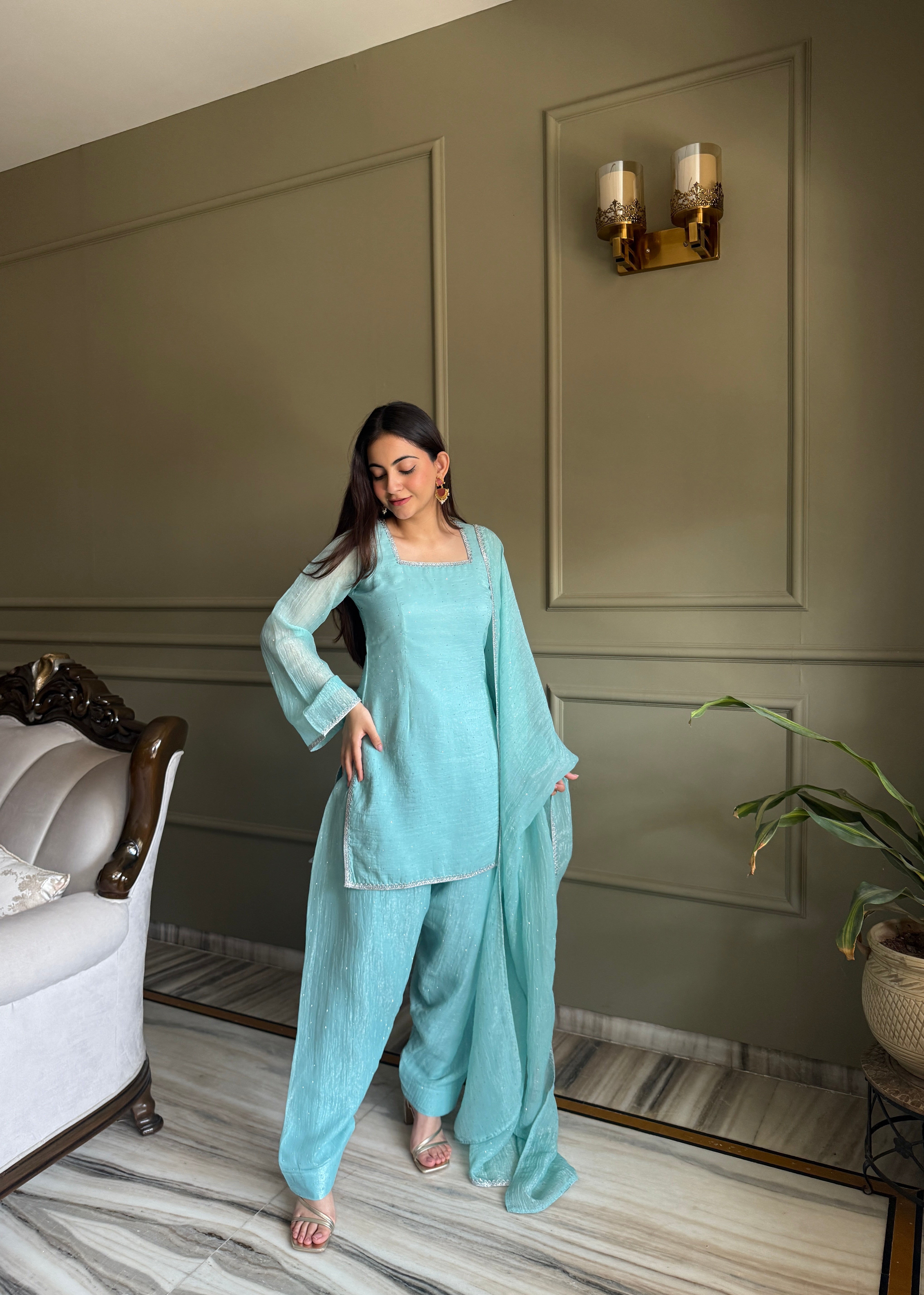 Sky Farshi Salwar Suit in Crunchy Silk with Sirovski Work| Nardev Fashion -Brand