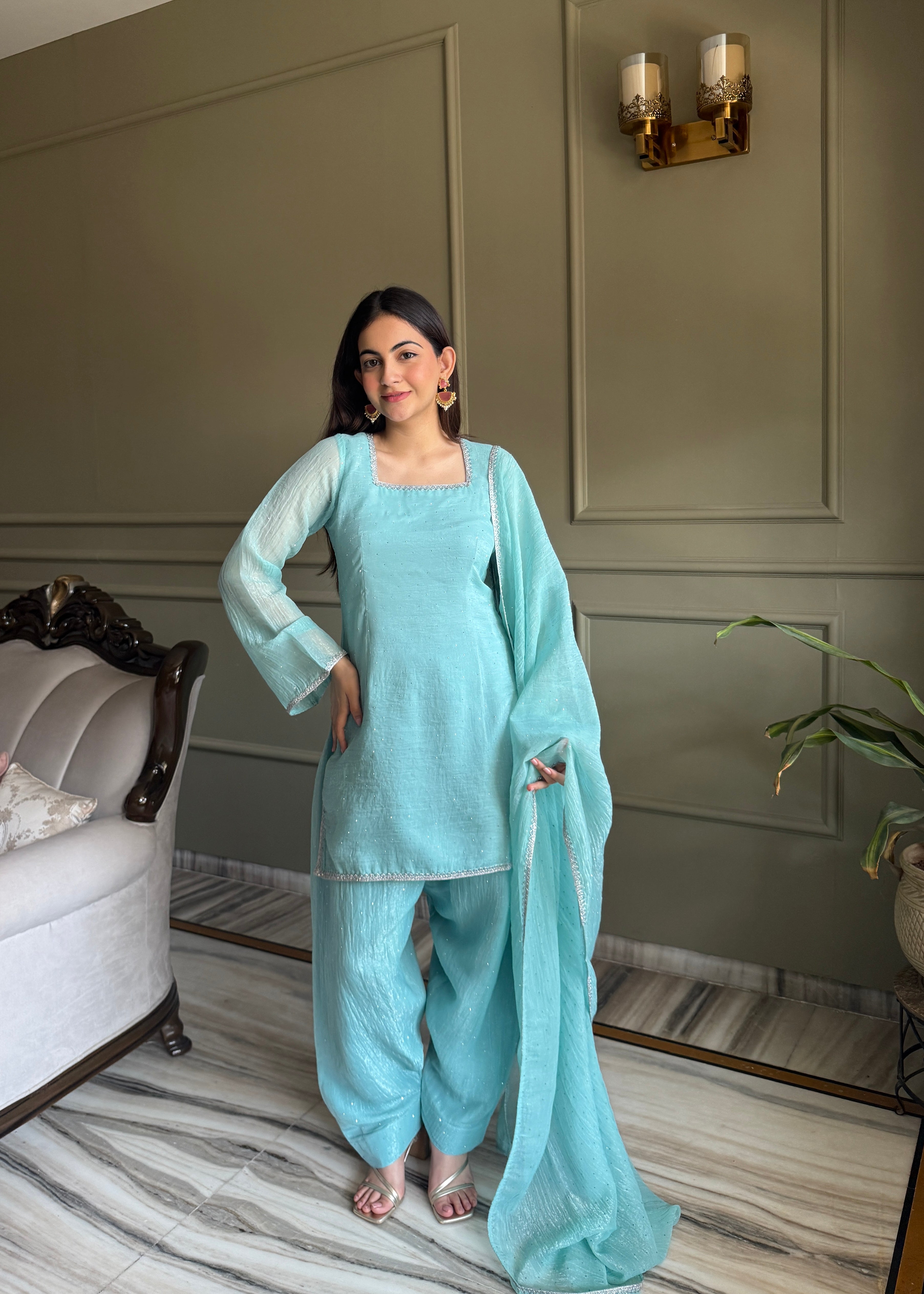 Sky Farshi Salwar Suit in Crunchy Silk with Sirovski Work| Nardev Fashion -Brand
