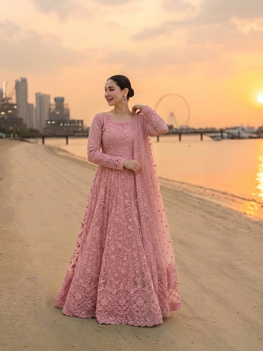 Dusty Pink Heavy Embroidered Faux Georgette Anarkali Gown Set with Organza Dupatta