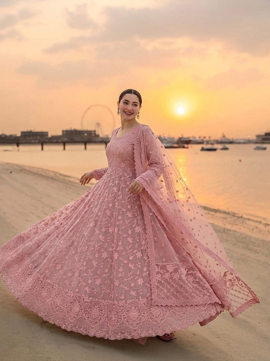Dusty Pink Heavy Embroidered Faux Georgette Anarkali Gown Set with Organza Dupatta