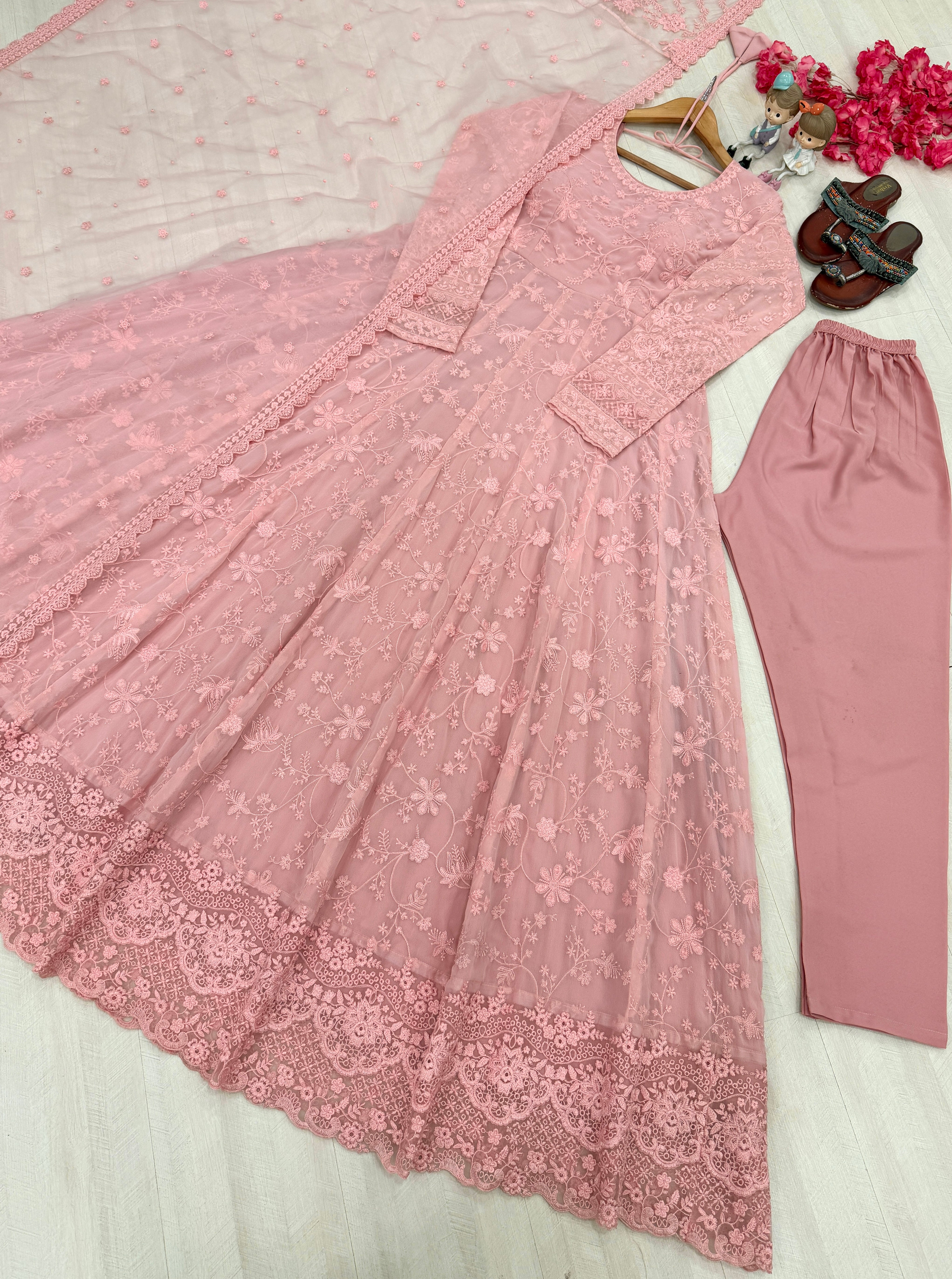 Dusty Pink Heavy Embroidered Faux Georgette Anarkali Gown Set with Organza Dupatta