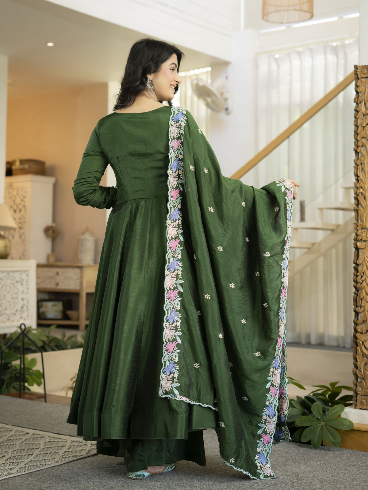 Bottle Green Vichitra Silk Embroidered Anarkali Suit Set with Palazzo & Dupatta