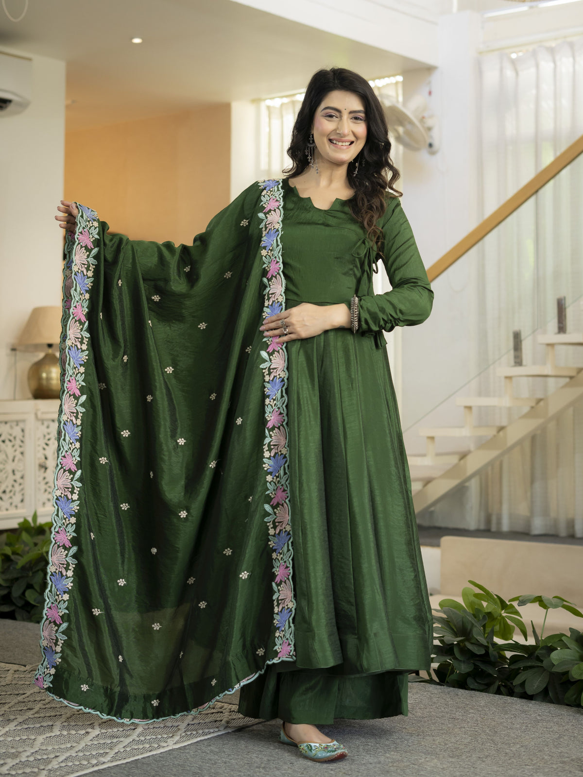 Bottle Green Vichitra Silk Embroidered Anarkali Suit Set with Palazzo & Dupatta