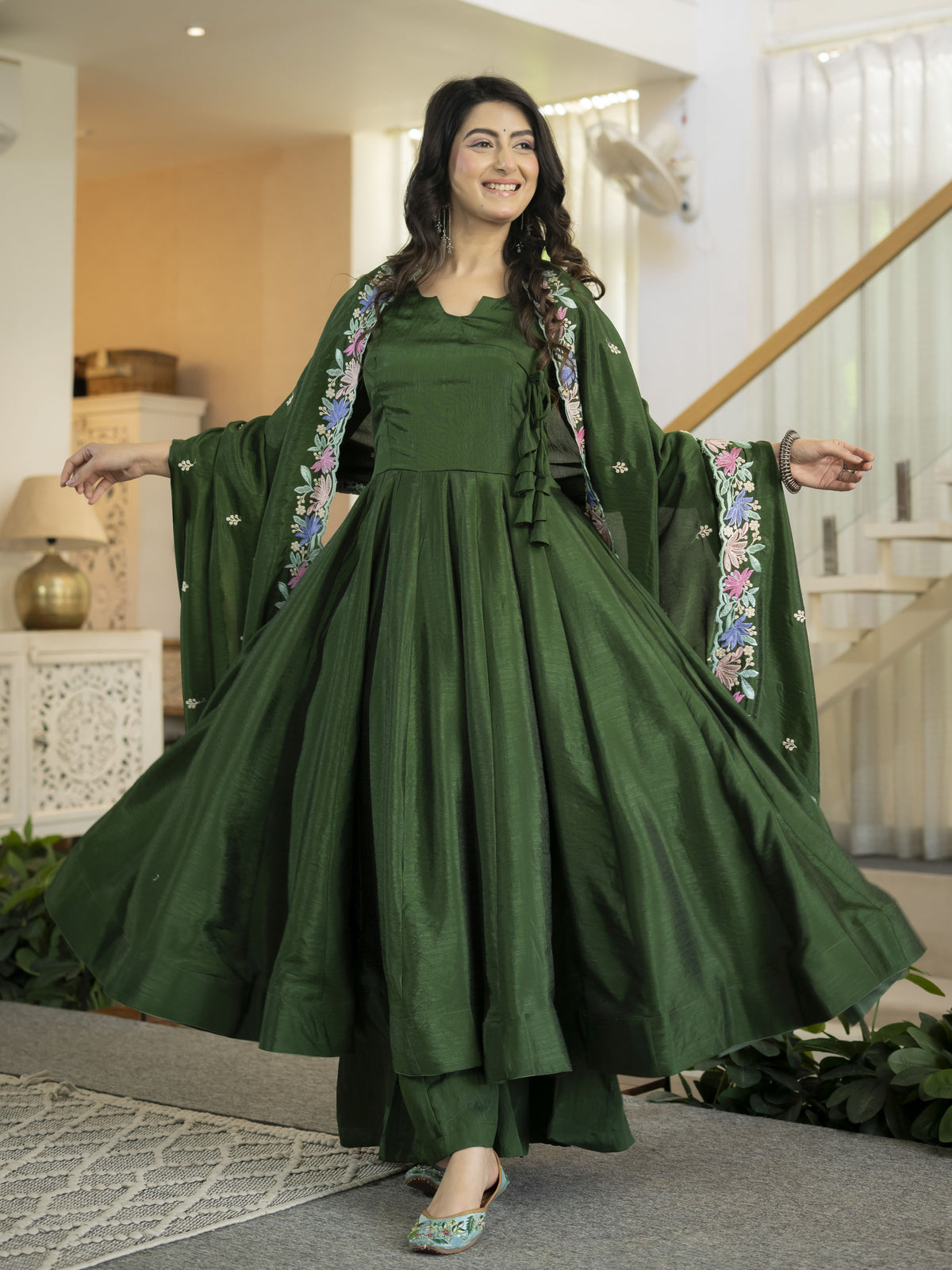Bottle Green Vichitra Silk Embroidered Anarkali Suit Set with Palazzo & Dupatta