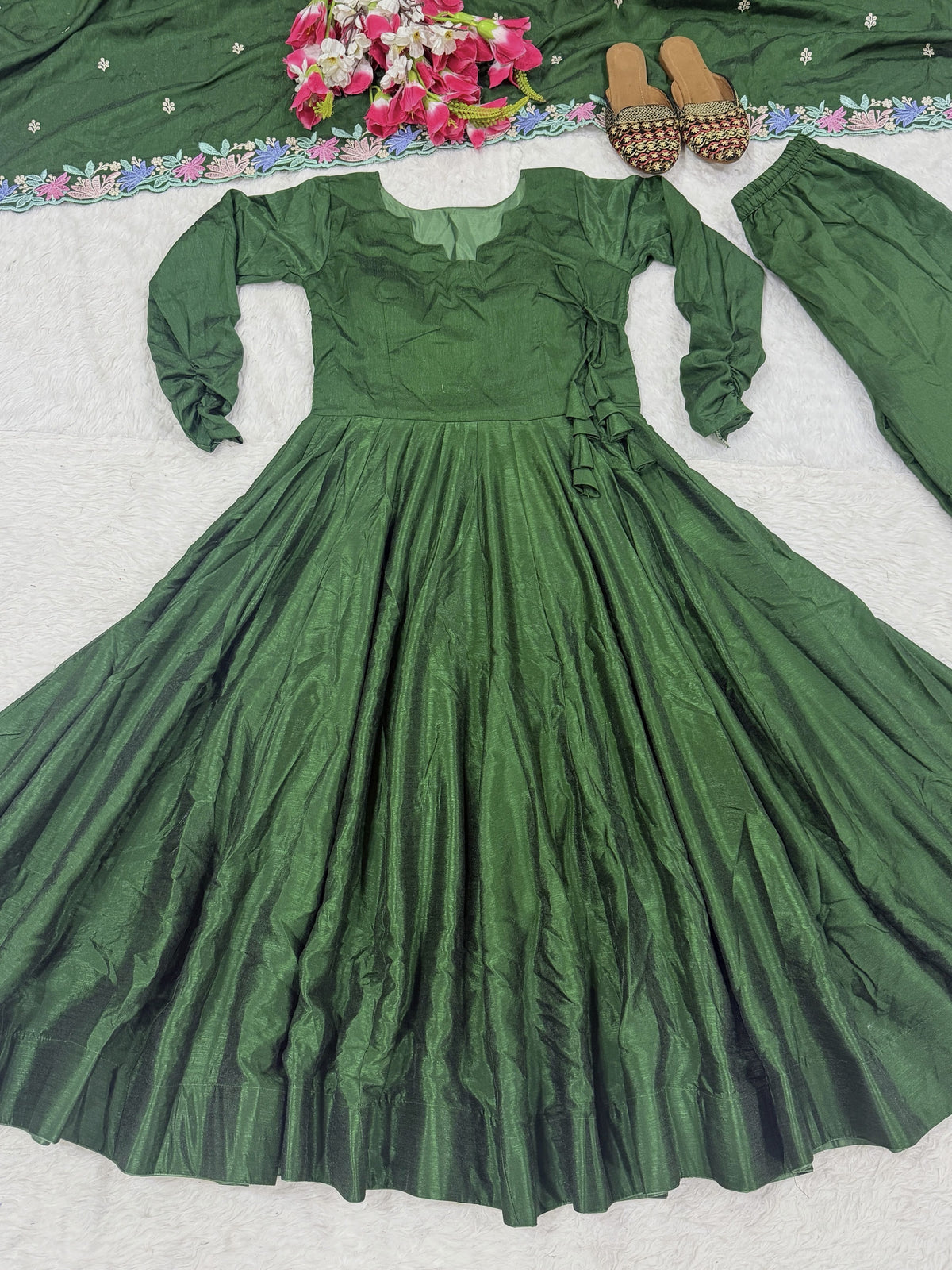 Bottle Green Vichitra Silk Embroidered Anarkali Suit Set with Palazzo & Dupatta