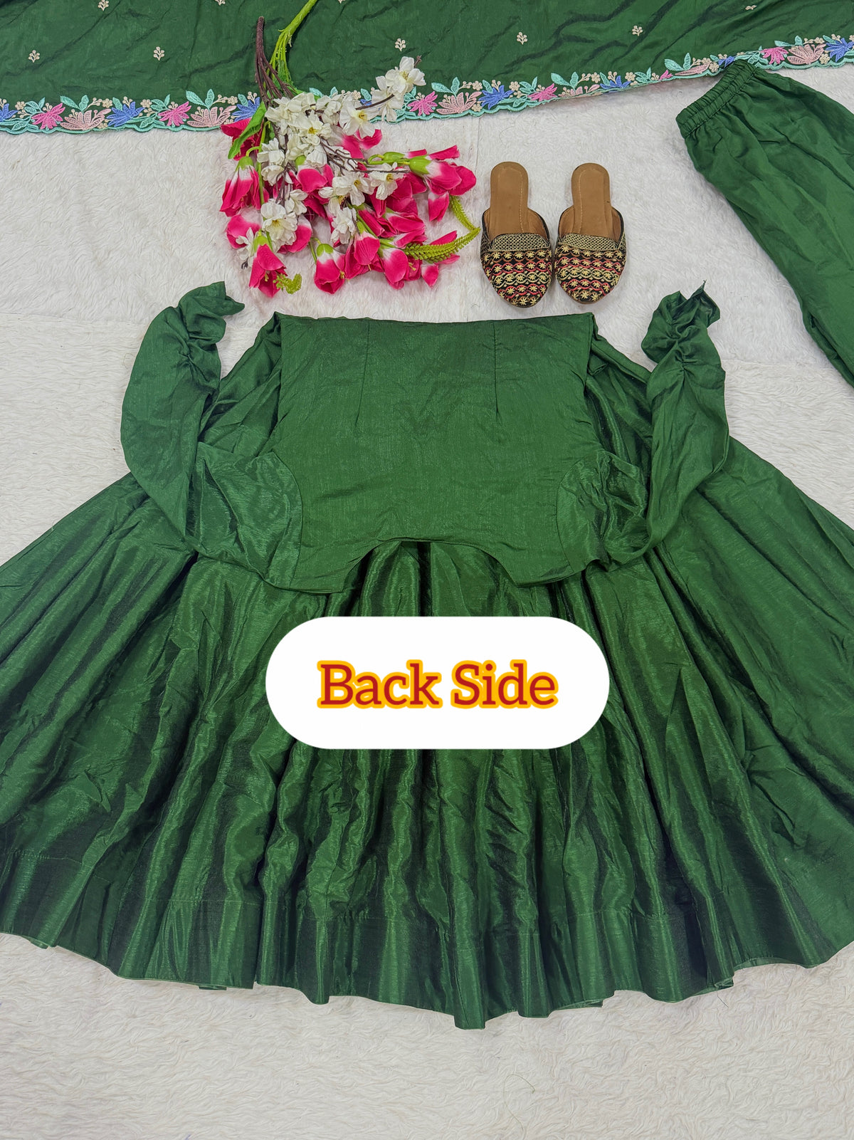Bottle Green Vichitra Silk Embroidered Anarkali Suit Set with Palazzo & Dupatta