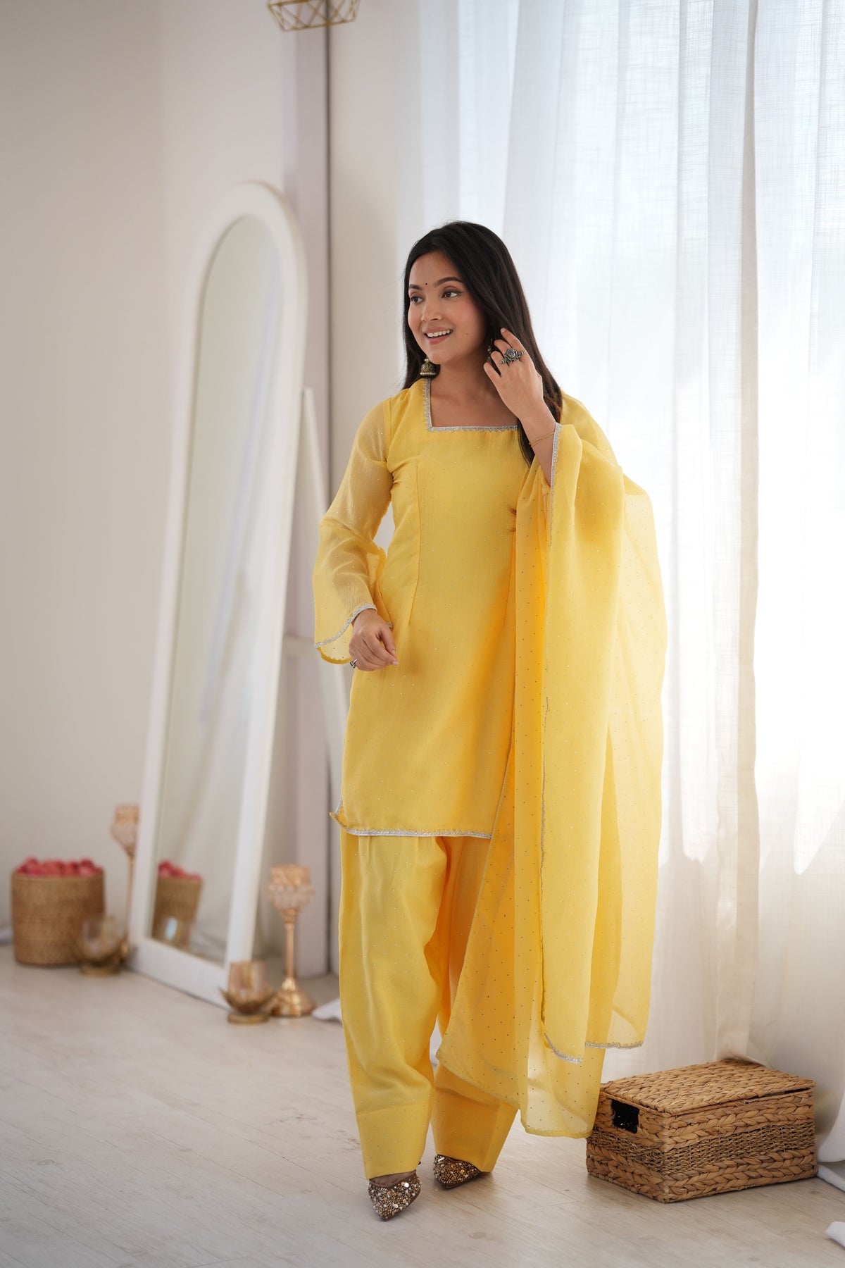 Mustard Yellow Crunchy Silk Diamond Work Kurta Pant Dupatta Set
