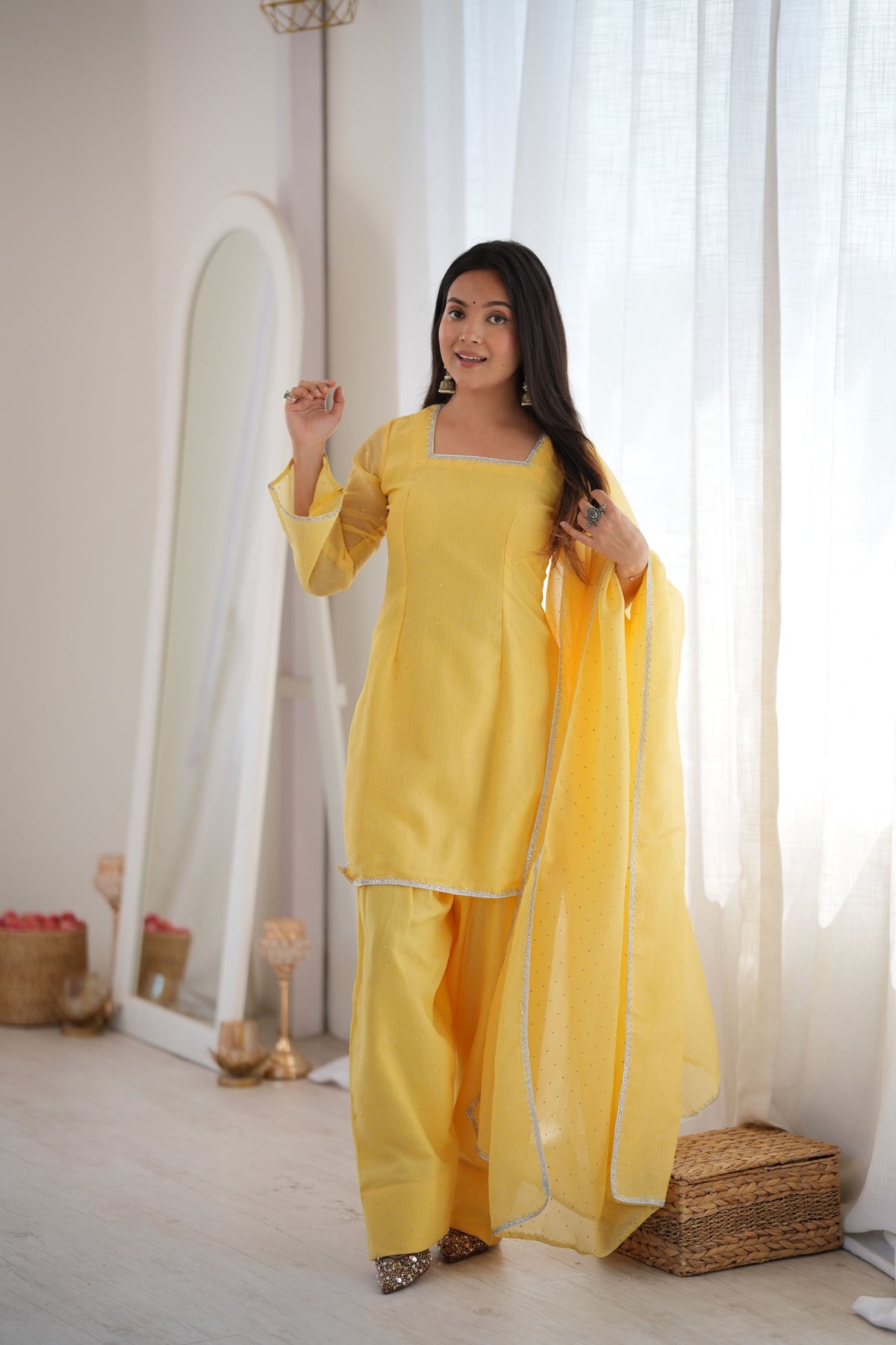 Mustard Yellow Crunchy Silk Diamond Work Kurta Pant Dupatta Set