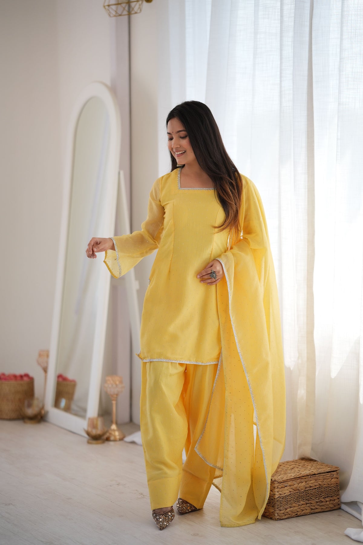 Mustard Yellow Crunchy Silk Diamond Work Kurta Pant Dupatta Set