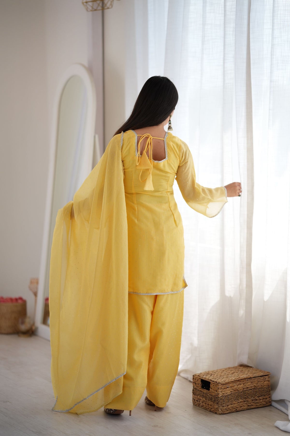 Mustard Yellow Crunchy Silk Diamond Work Kurta Pant Dupatta Set