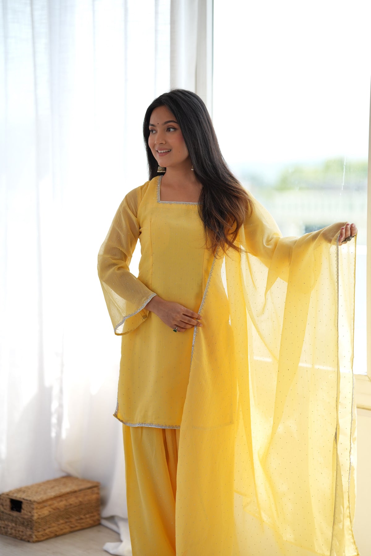 Mustard Yellow Crunchy Silk Diamond Work Kurta Pant Dupatta Set