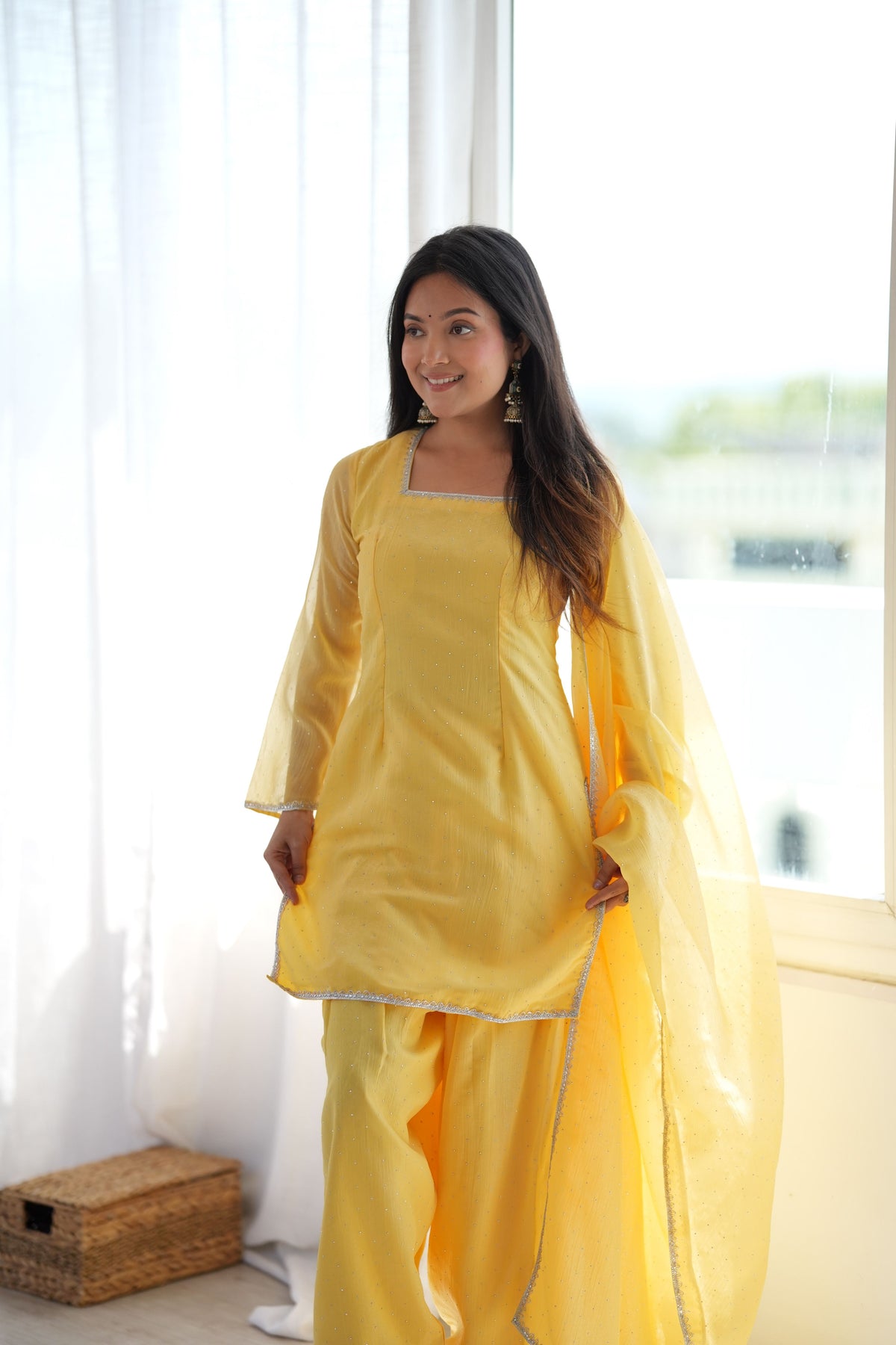 Mustard Yellow Crunchy Silk Diamond Work Kurta Pant Dupatta Set
