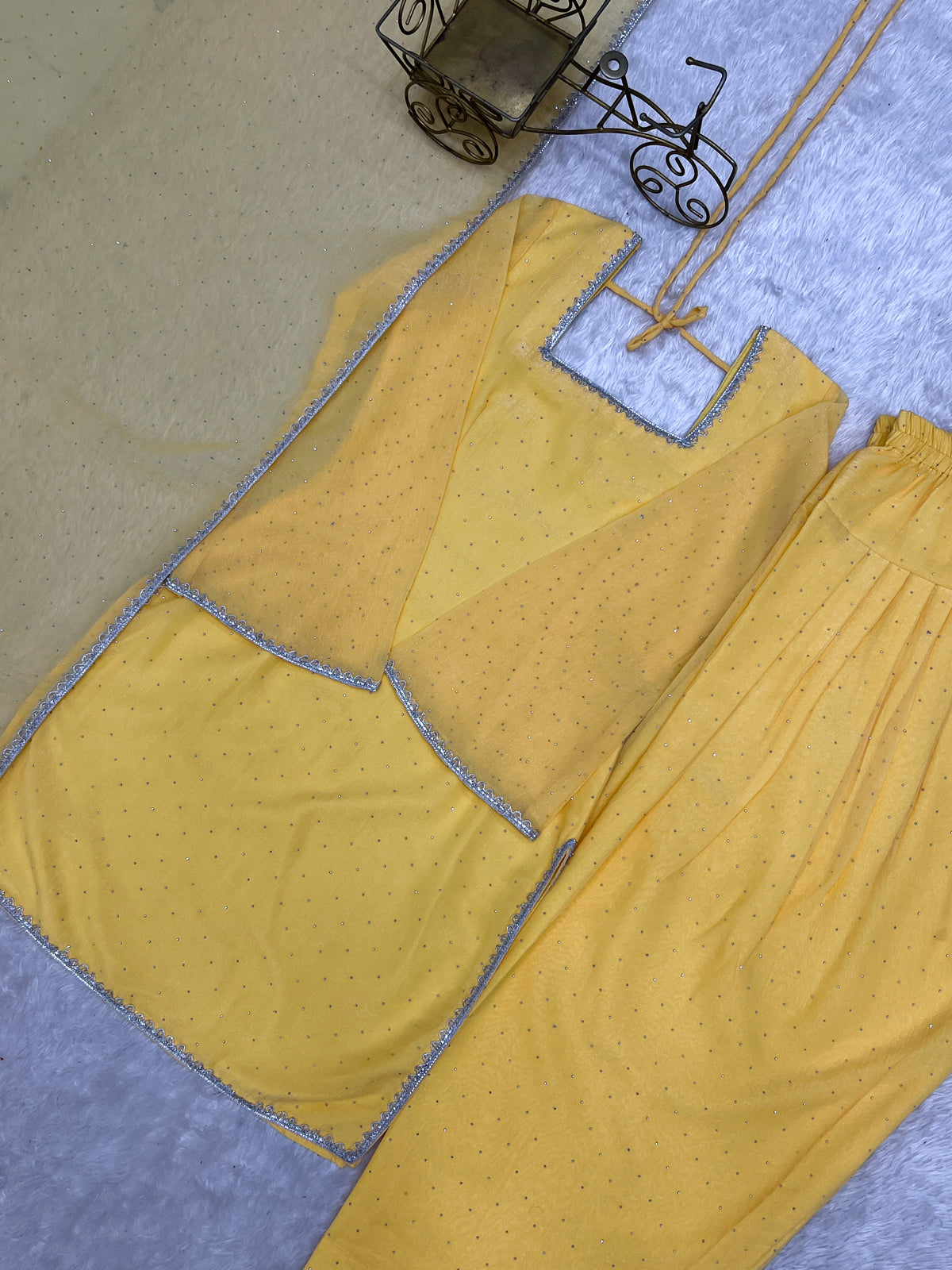Mustard Yellow Crunchy Silk Diamond Work Kurta Pant Dupatta Set