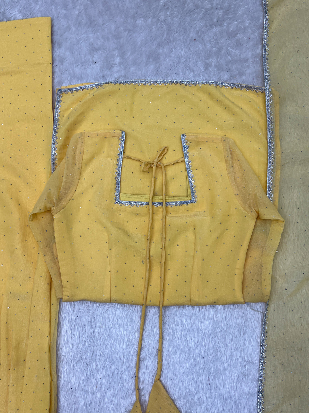 Mustard Yellow Crunchy Silk Diamond Work Kurta Pant Dupatta Set
