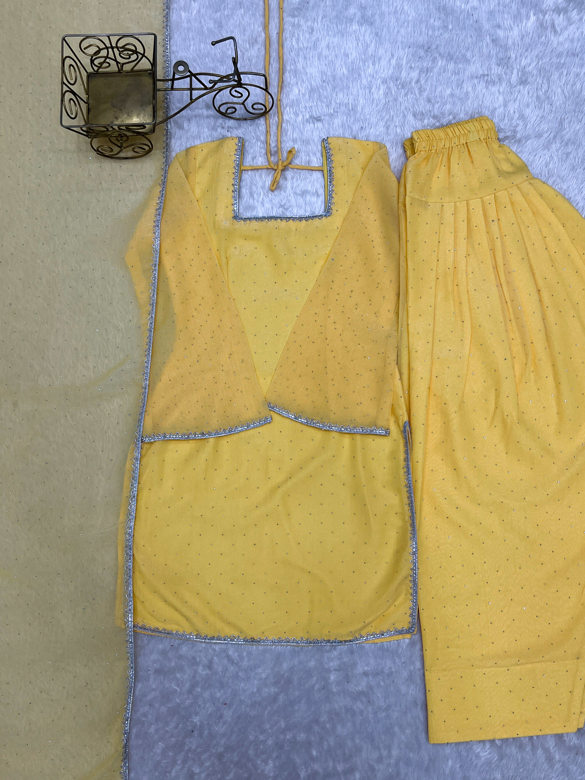 Mustard Yellow Crunchy Silk Diamond Work Kurta Pant Dupatta Set