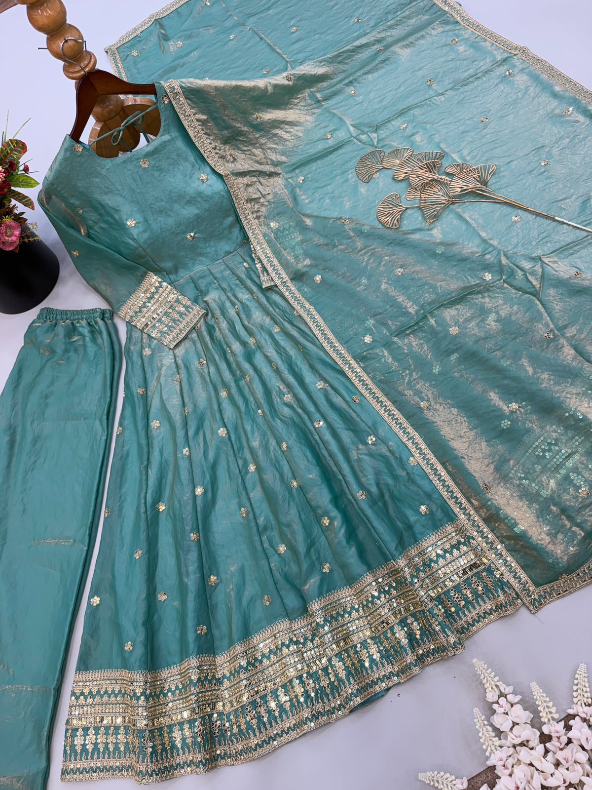 Sea Green Heavy Fendy Silk Embroidered Anarkali Gown Set with Dupatta