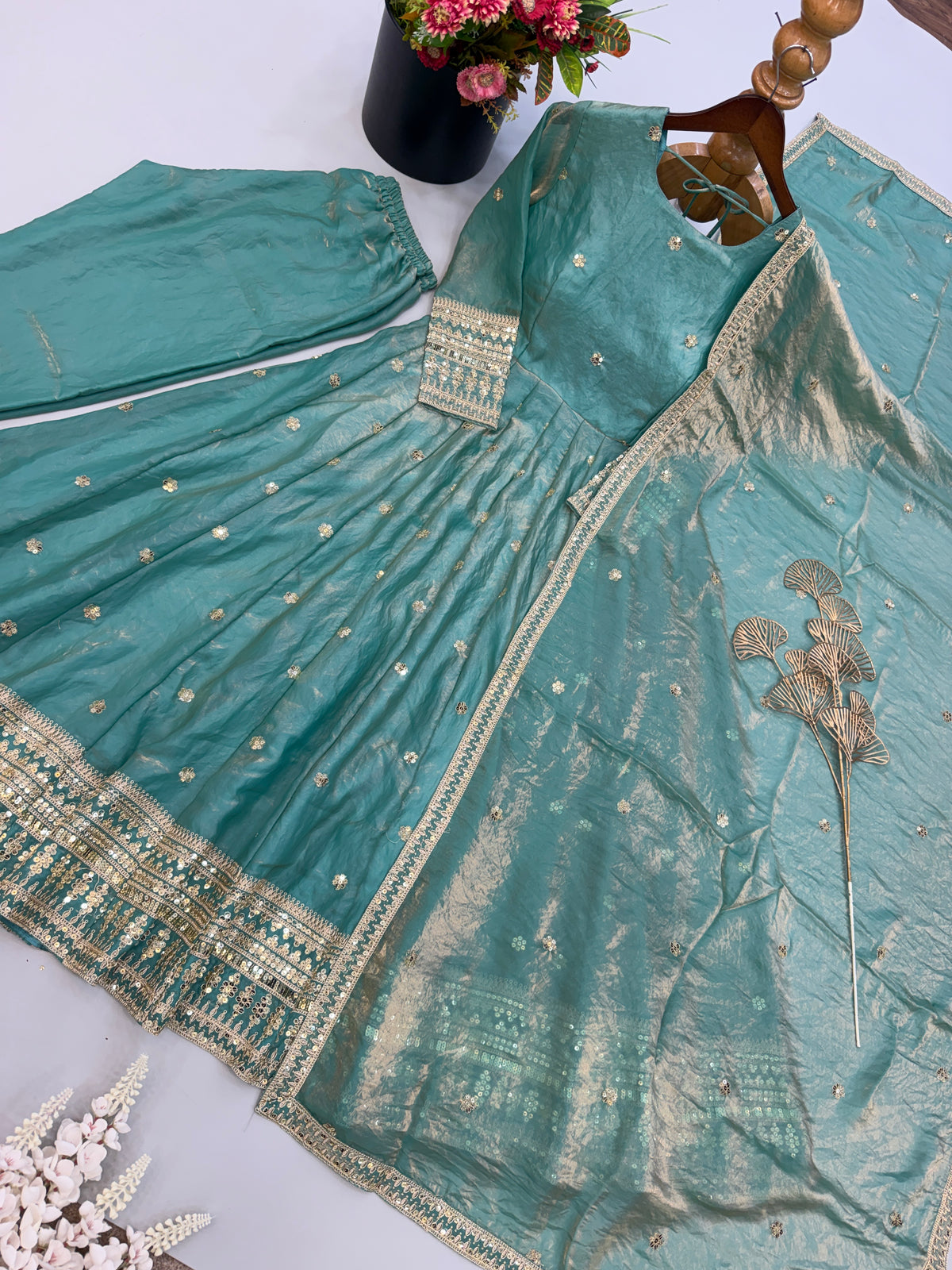 Sea Green Heavy Fendy Silk Embroidered Anarkali Gown Set with Dupatta