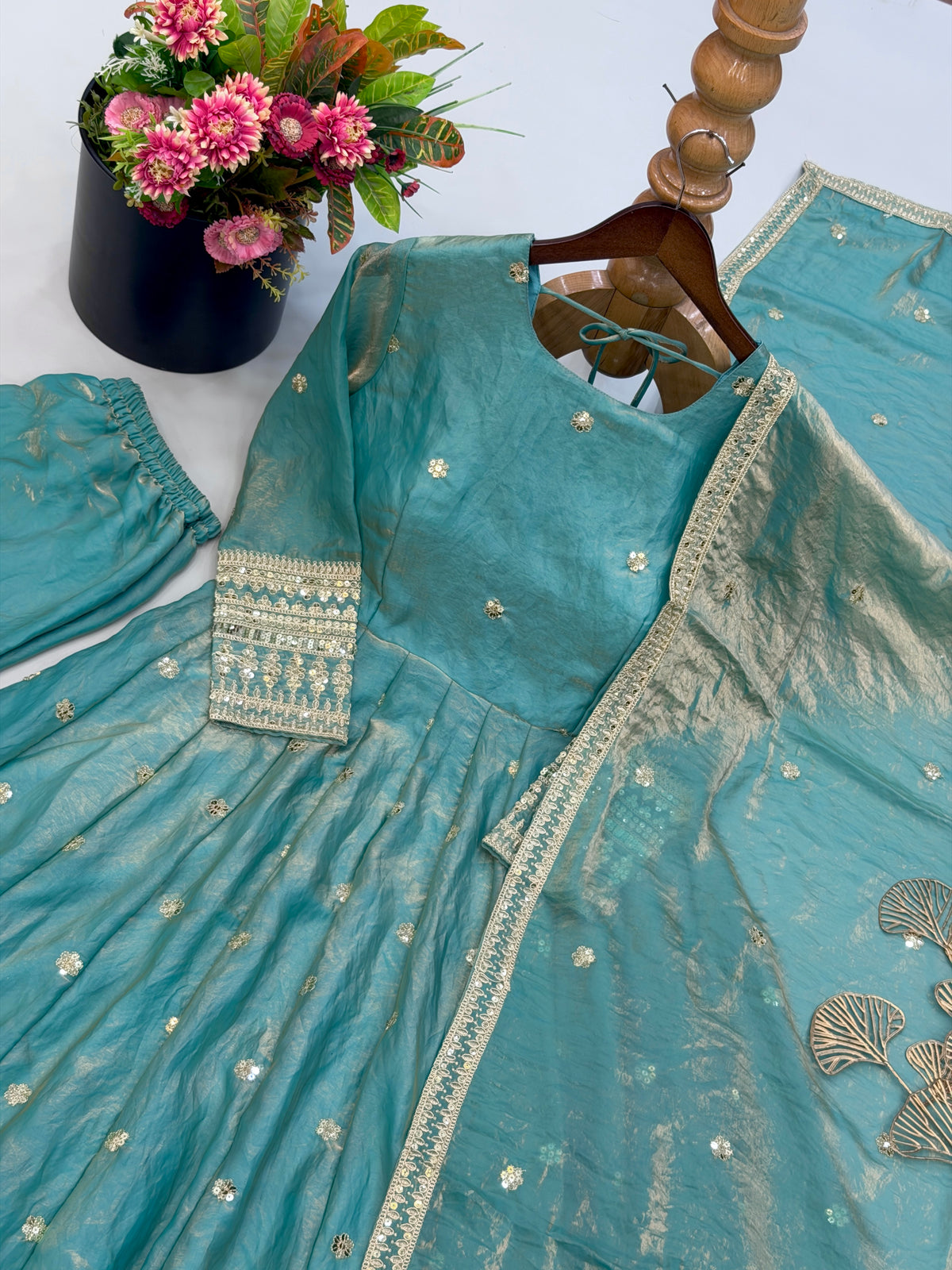 Sea Green Heavy Fendy Silk Embroidered Anarkali Gown Set with Dupatta