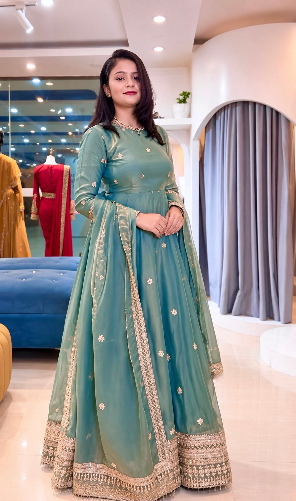 Sea Green Heavy Fendy Silk Embroidered Anarkali Gown Set with Dupatta