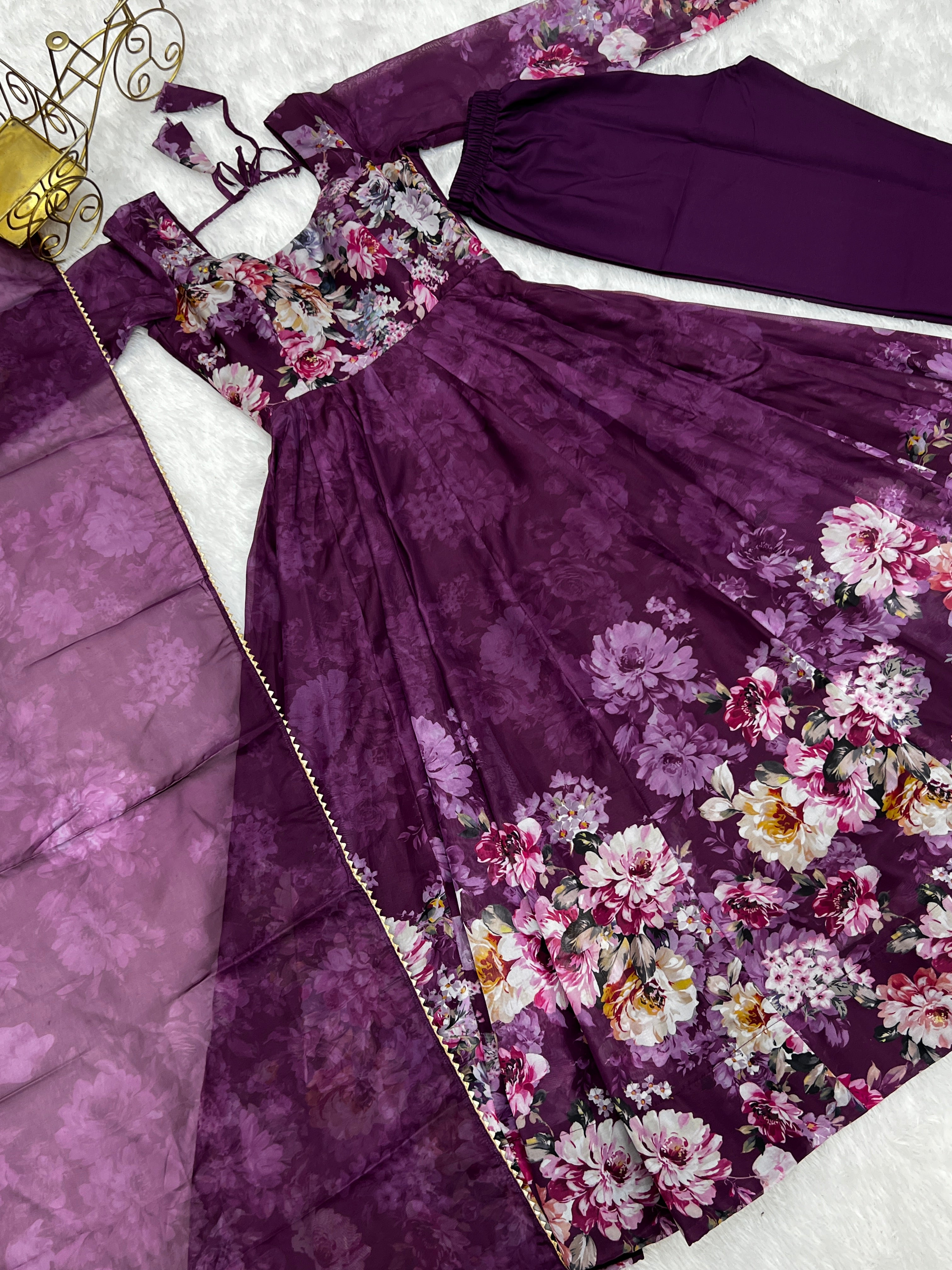 Wine Organza Silk Floral Printed Anarkali Suit Set with Gota Patti Dupatta