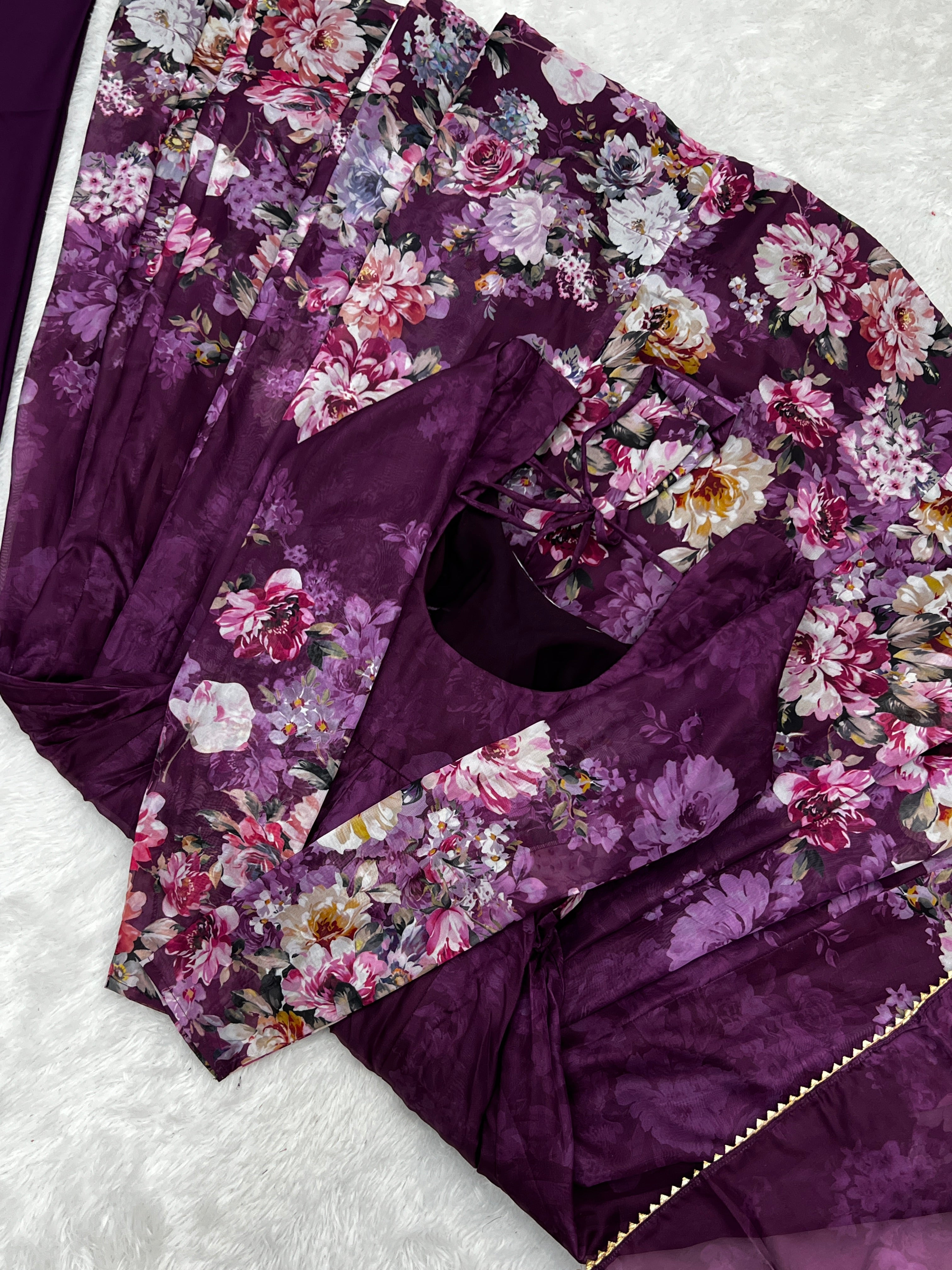 Wine Organza Silk Floral Printed Anarkali Suit Set with Gota Patti Dupatta